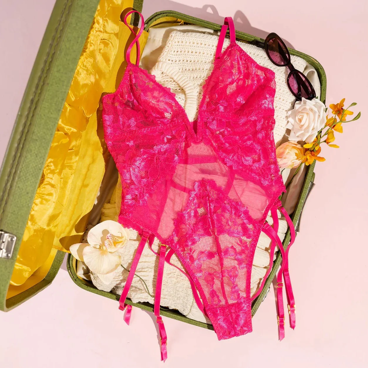 Lacy V-Plunge Teddy - Hot Pink - Image 17