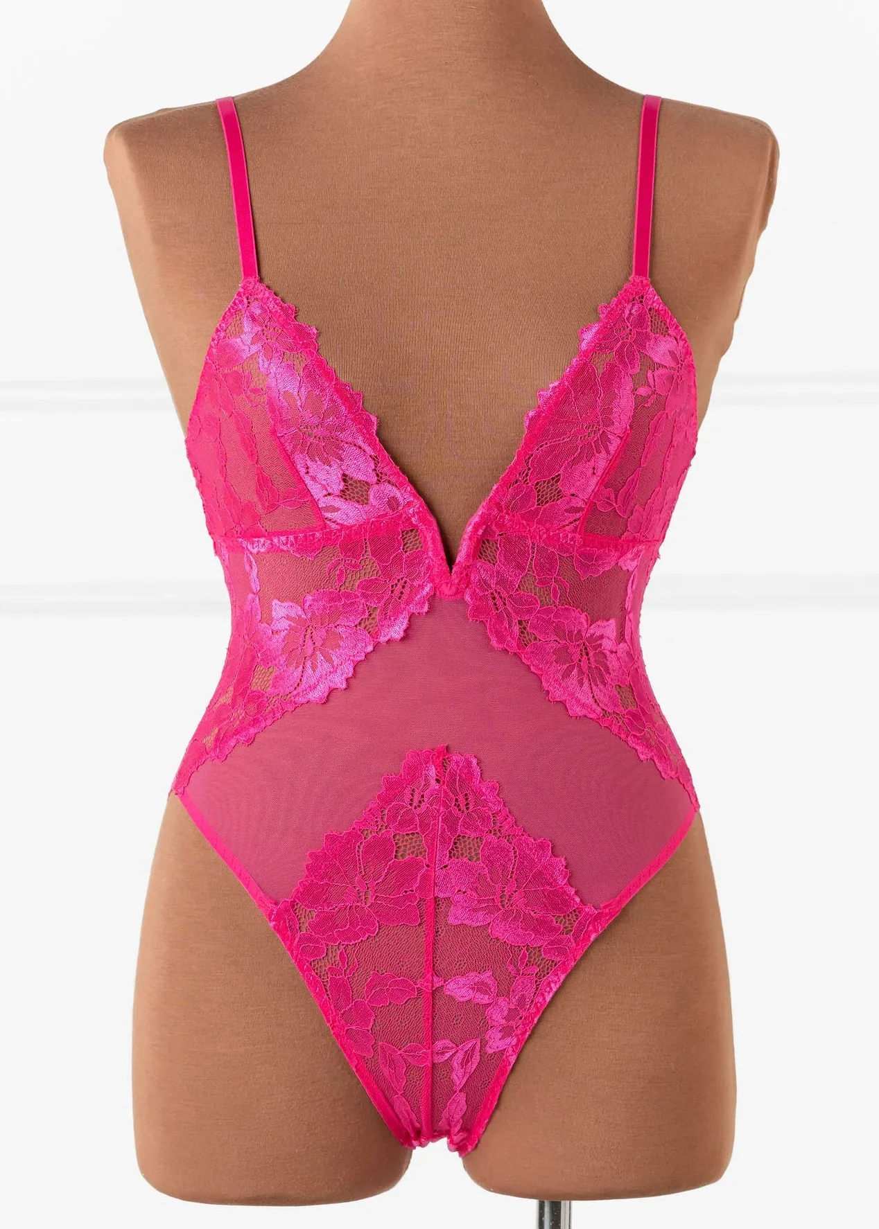 Lacy V-Plunge Teddy - Hot Pink - Image 4