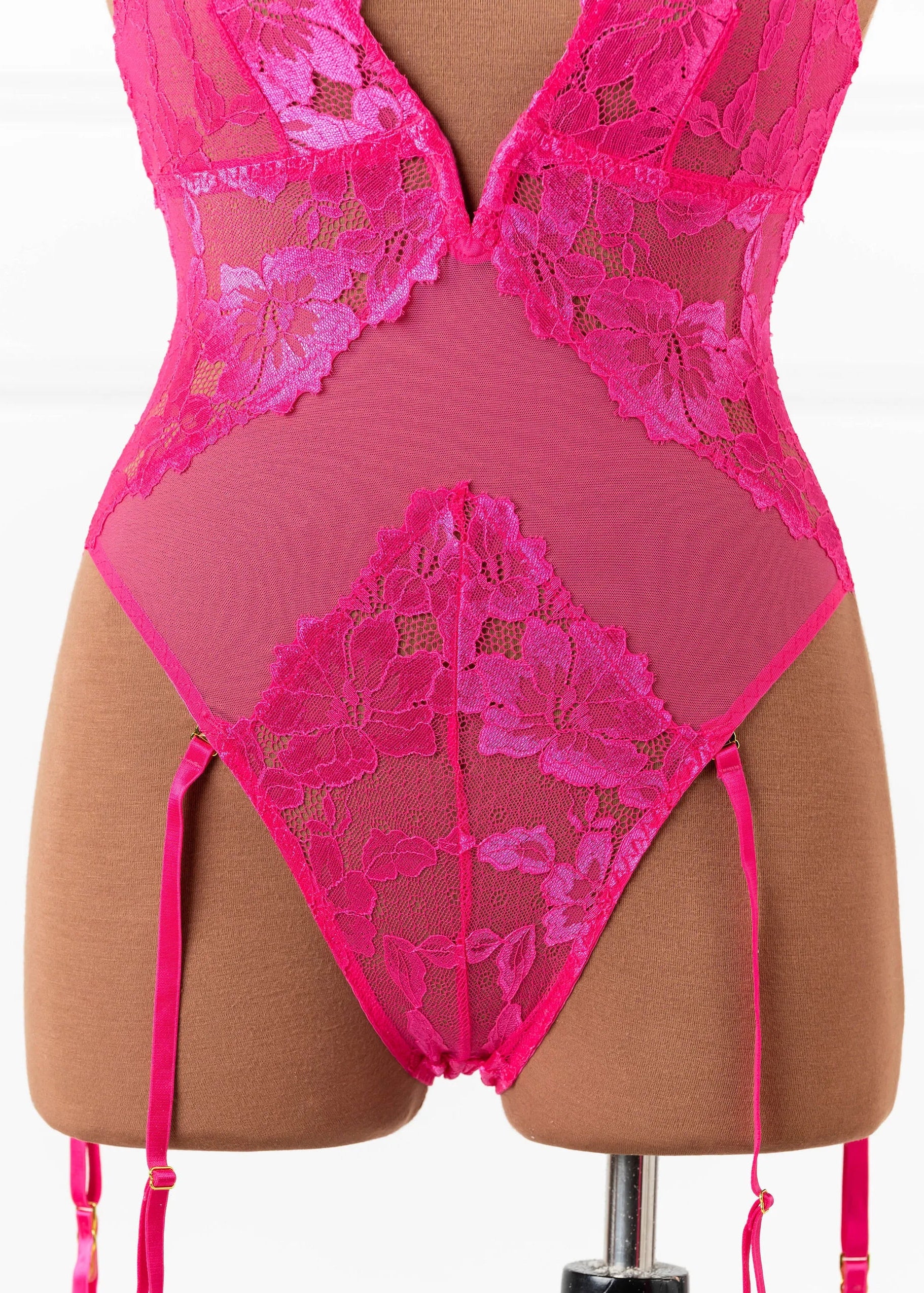 Lacy V-Plunge Teddy - Hot Pink - Image 7