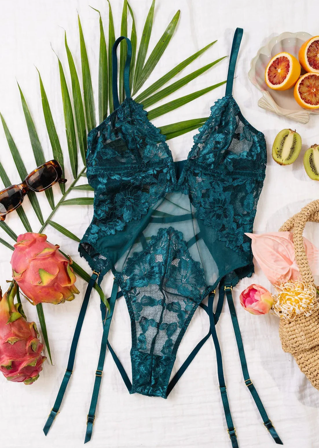 Lacy V-Plunge Teddy - Teal - Image 15