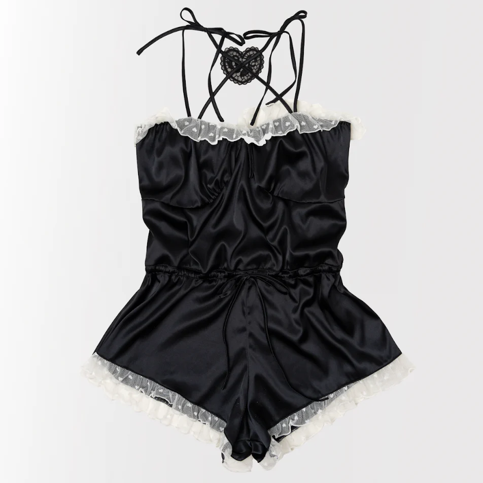 Satin Cross-Back Romper - Black - Image 3