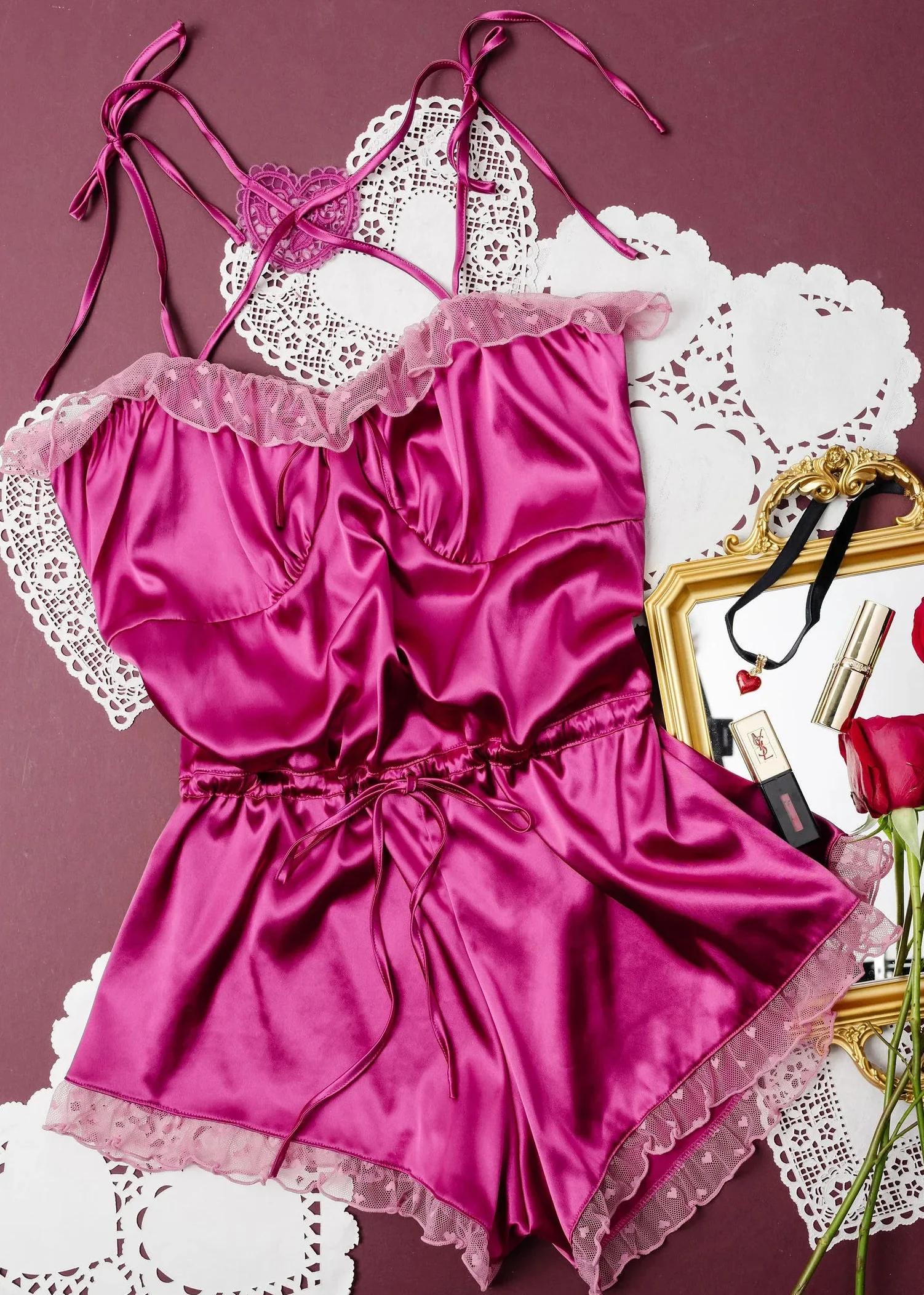 Satin Cross-Back Romper - Fuchsia - Image 12