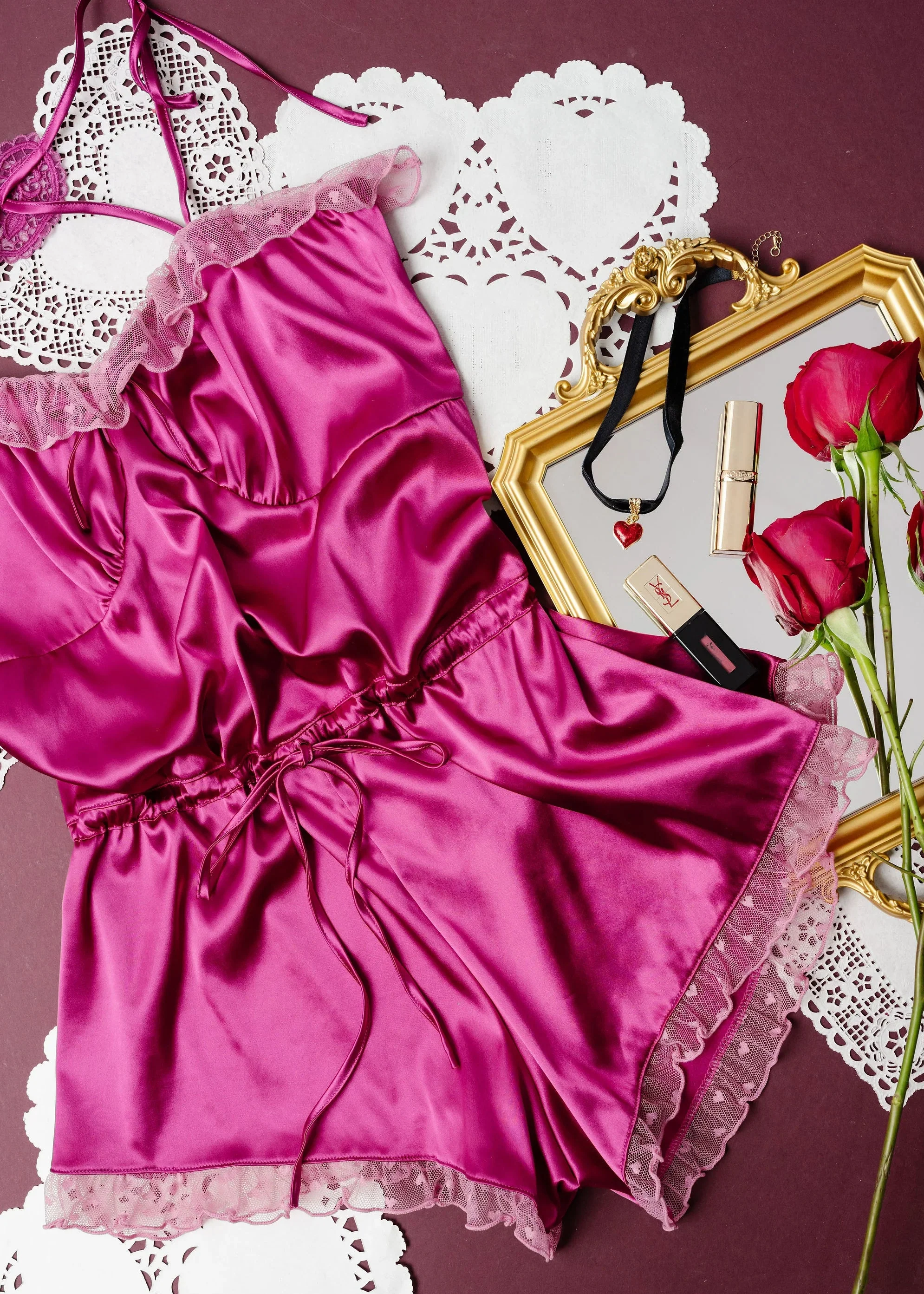 Satin Cross-Back Romper - Fuchsia - Image 14