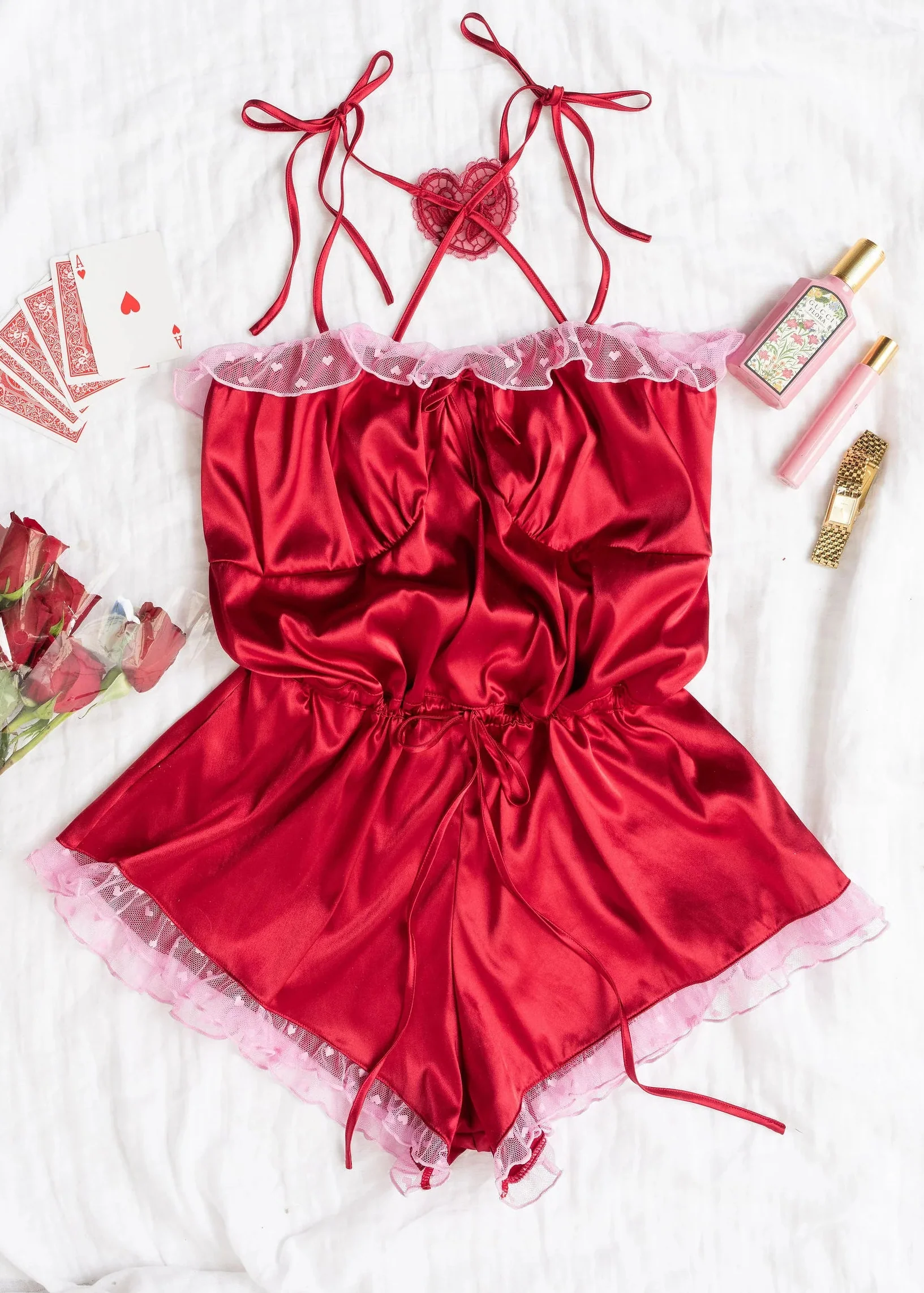 Satin Cross-Back Romper - Red - Image 7
