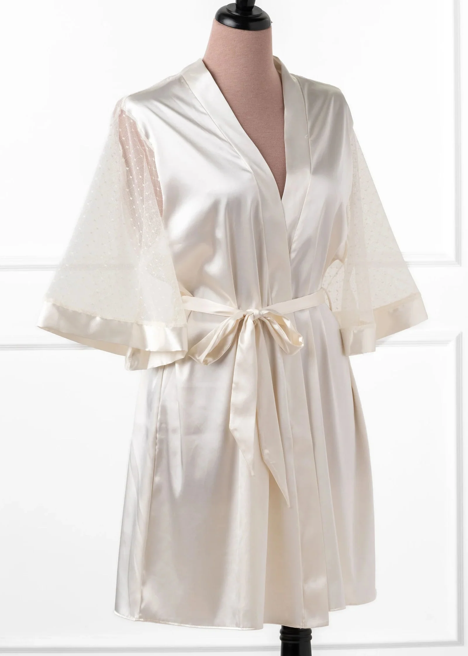 Satin & Diamond Mesh Robe - Pearl - Image 3