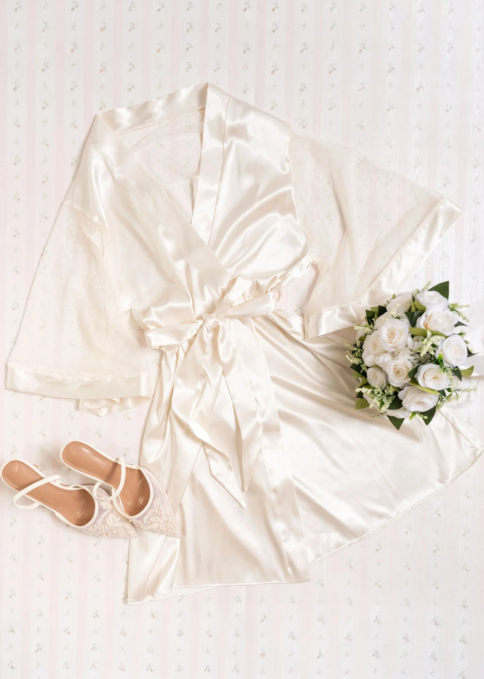 Satin & Diamond Mesh Robe - Pearl - Image 5