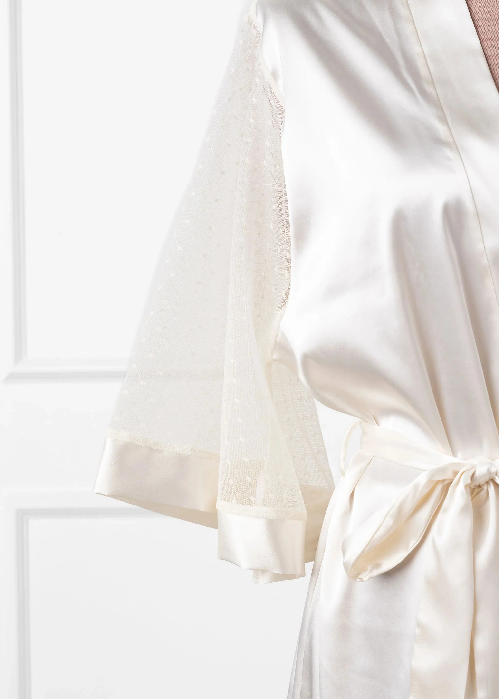Satin & Diamond Mesh Robe - Pearl - Image 8