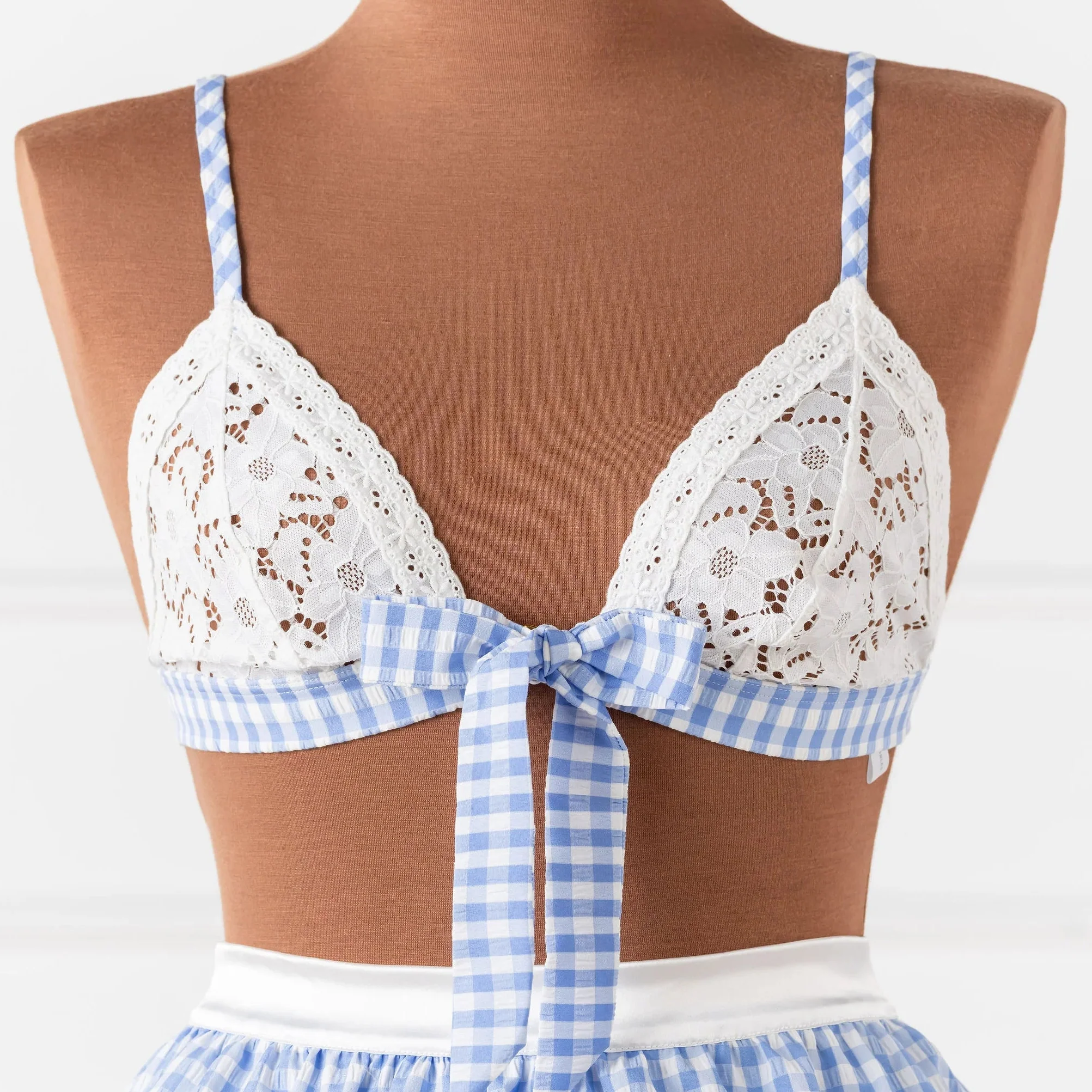 Gingham & Eyelet Lace Bow Bralette - Blue