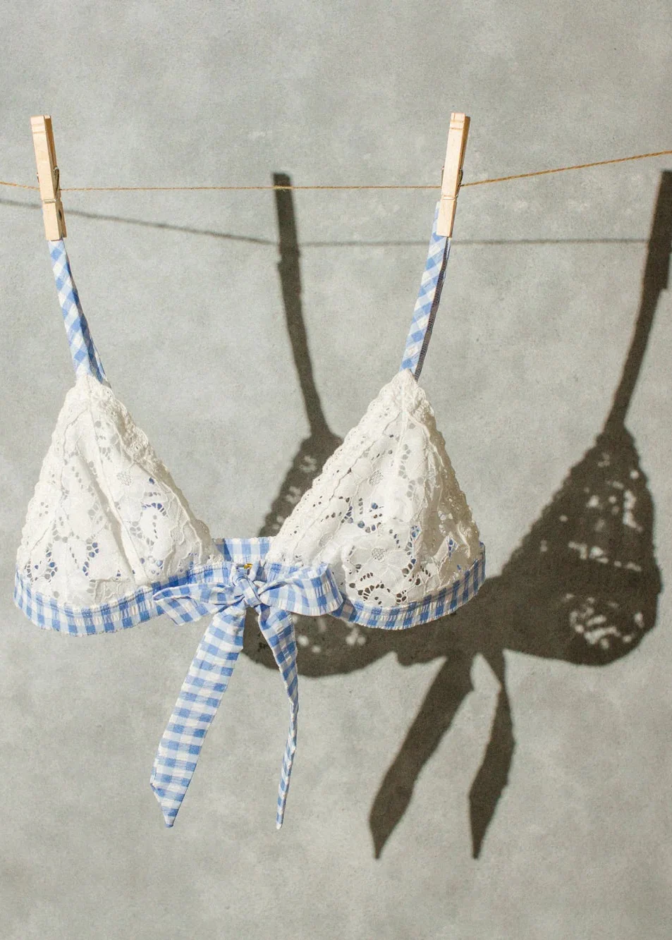 Gingham & Eyelet Lace Bow Bralette - Blue - Image 14