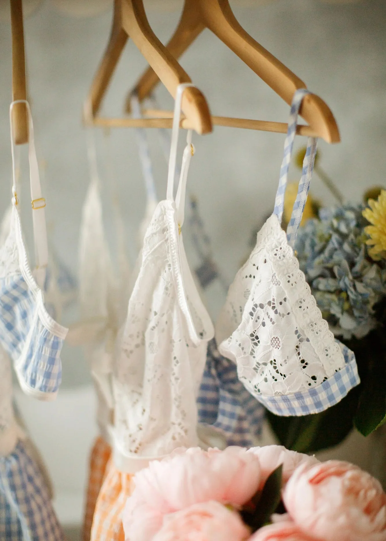 Gingham & Eyelet Lace Bow Bralette - Blue - Image 15