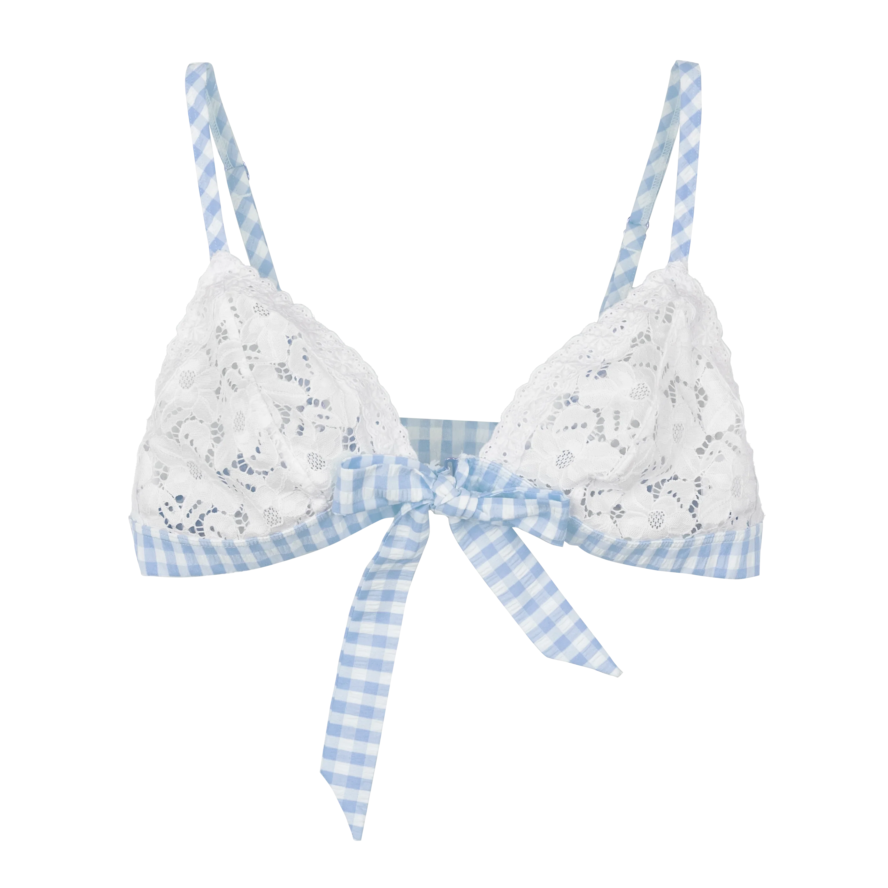 Gingham & Eyelet Lace Bow Bralette - Blue - Image 16