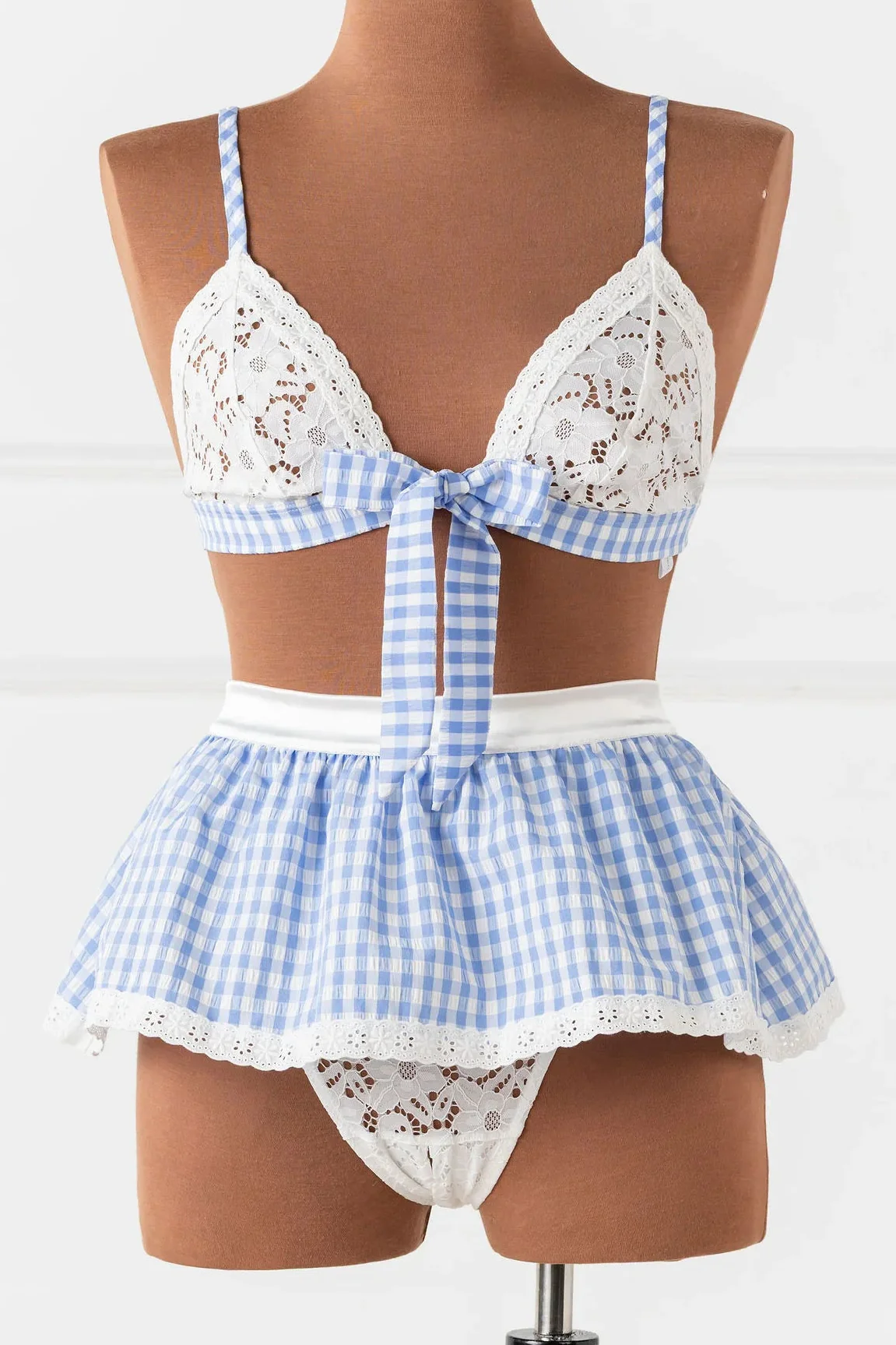 Gingham & Eyelet Lace Bow Bralette - Blue - Image 2