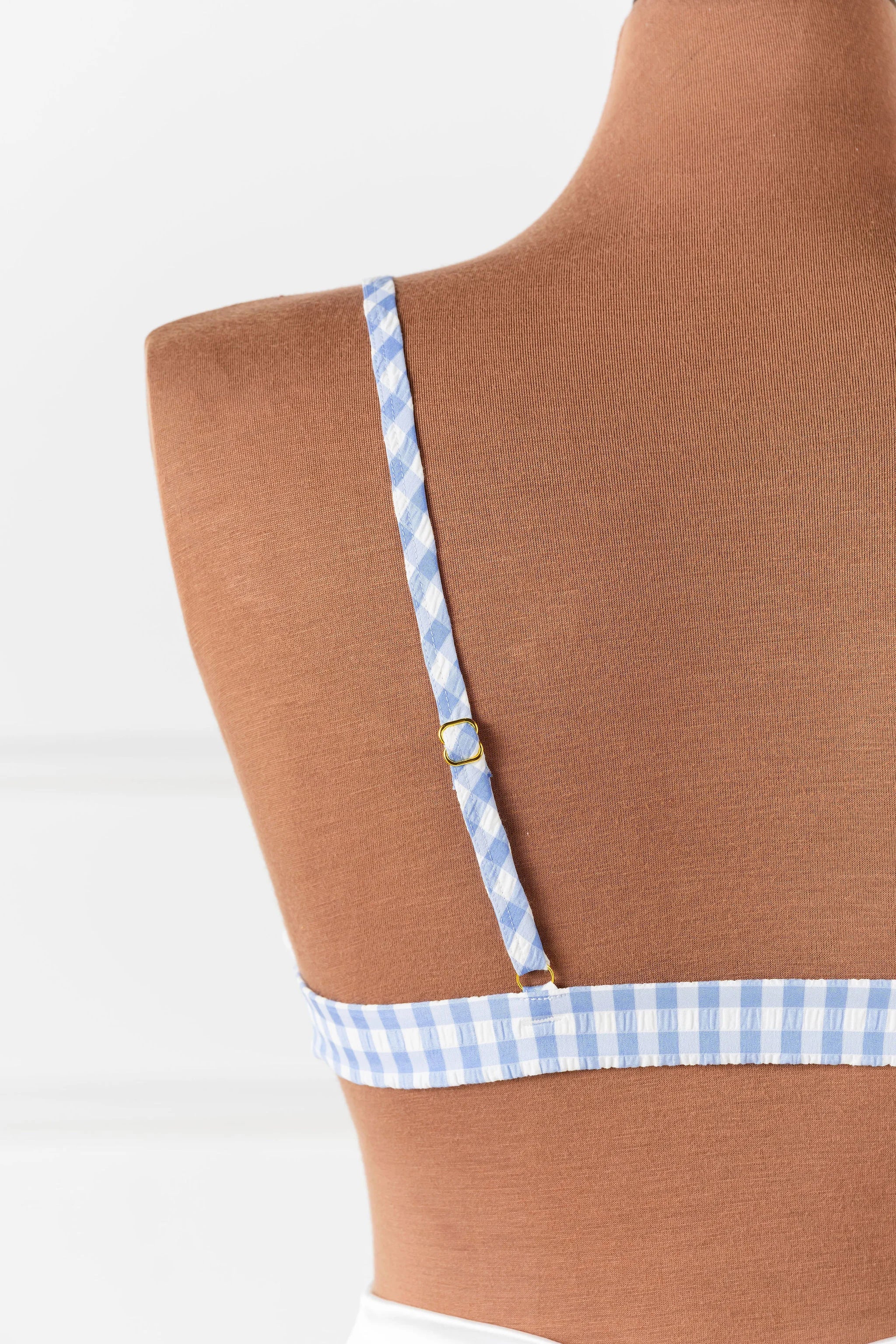 Gingham & Eyelet Lace Bow Bralette - Blue - Image 5