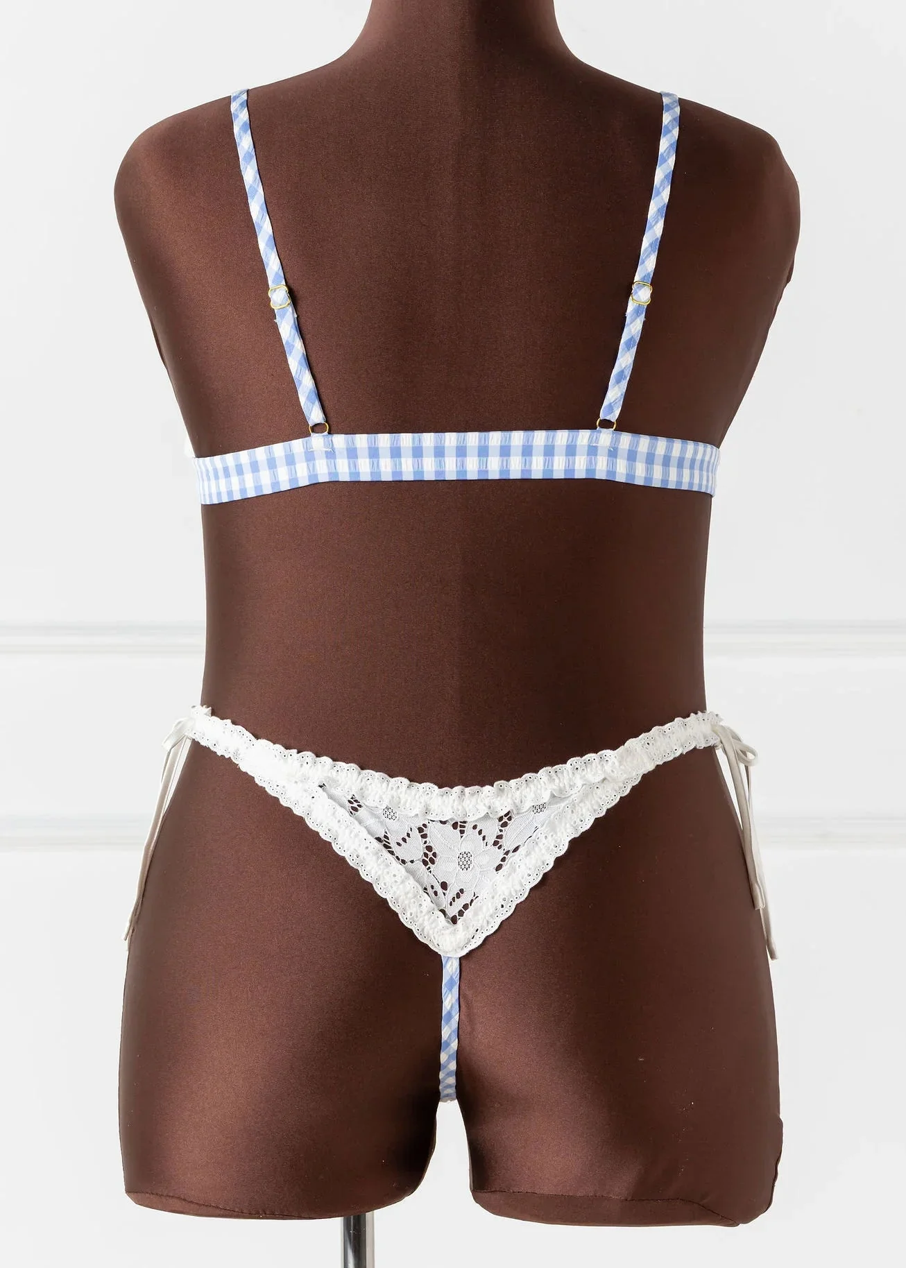 Gingham & Eyelet Lace Bow Bralette - Blue - Image 7