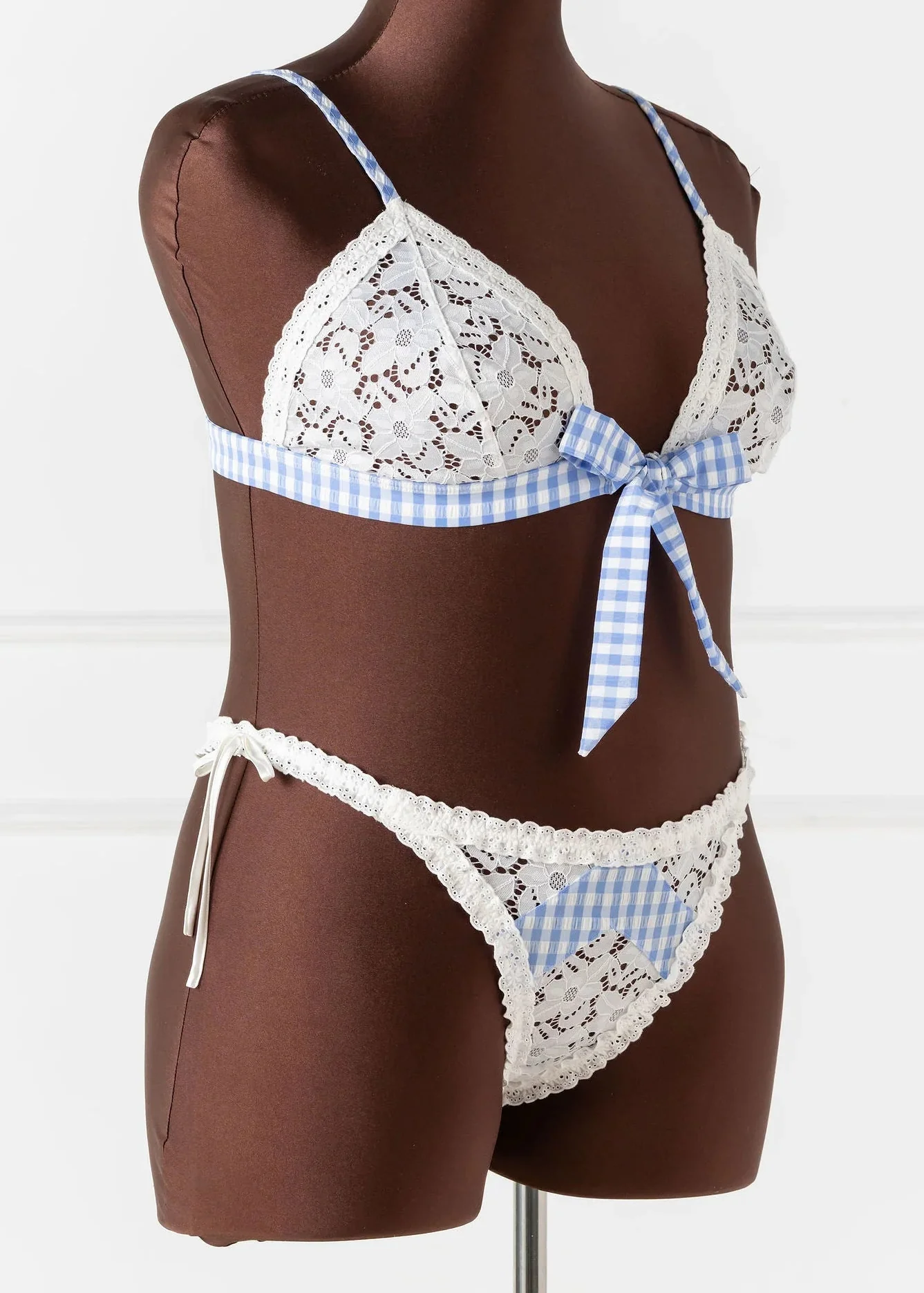 Gingham & Eyelet Lace Bow Bralette - Blue - Image 9
