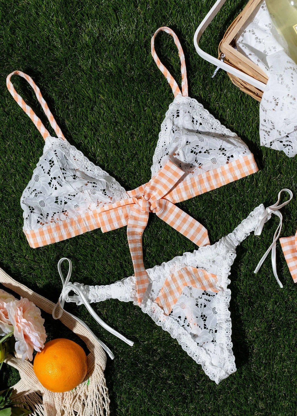 Gingham & Eyelet Lace Bow Bralette - Peach - Image 10