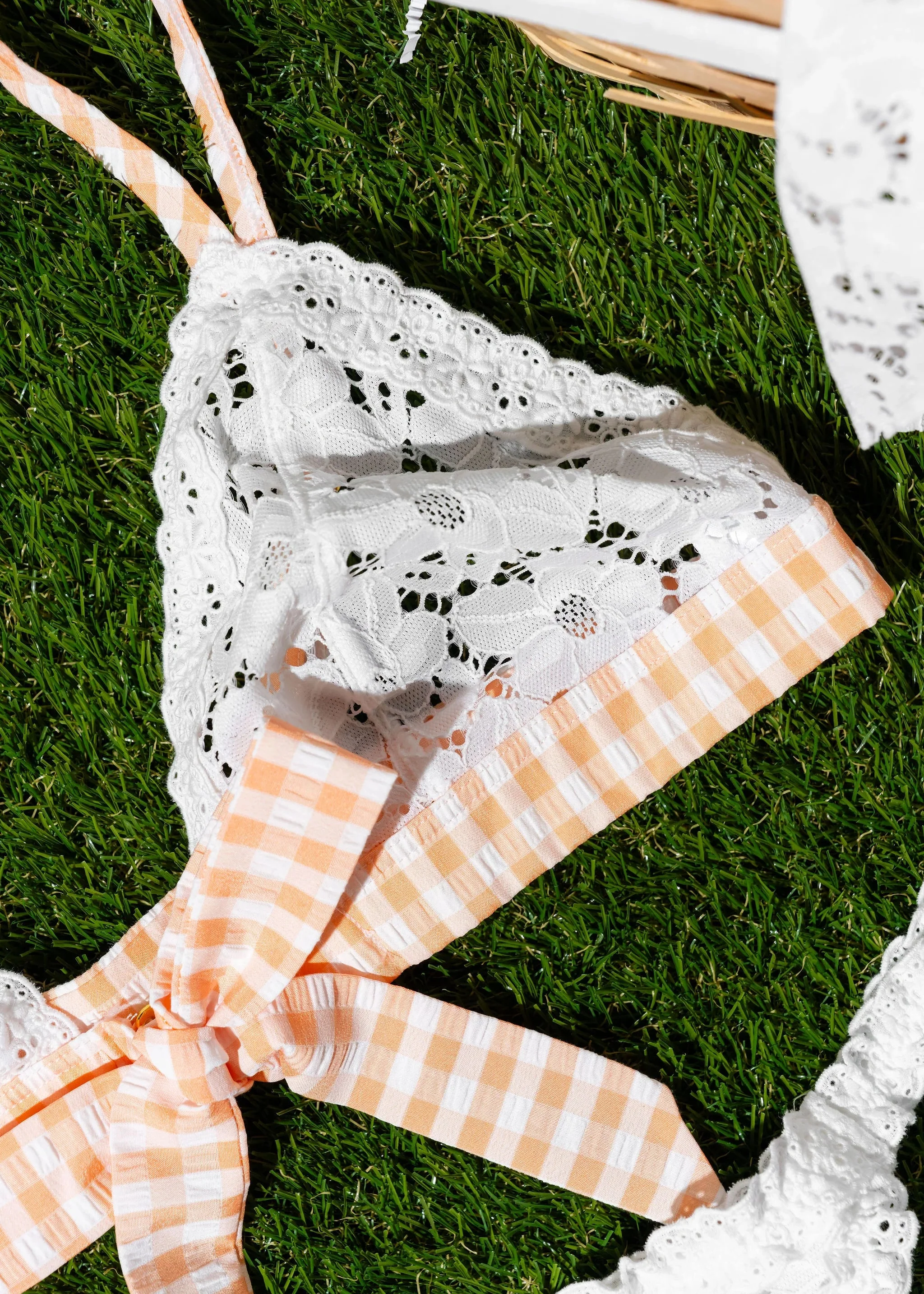 Gingham & Eyelet Lace Bow Bralette - Peach - Image 11