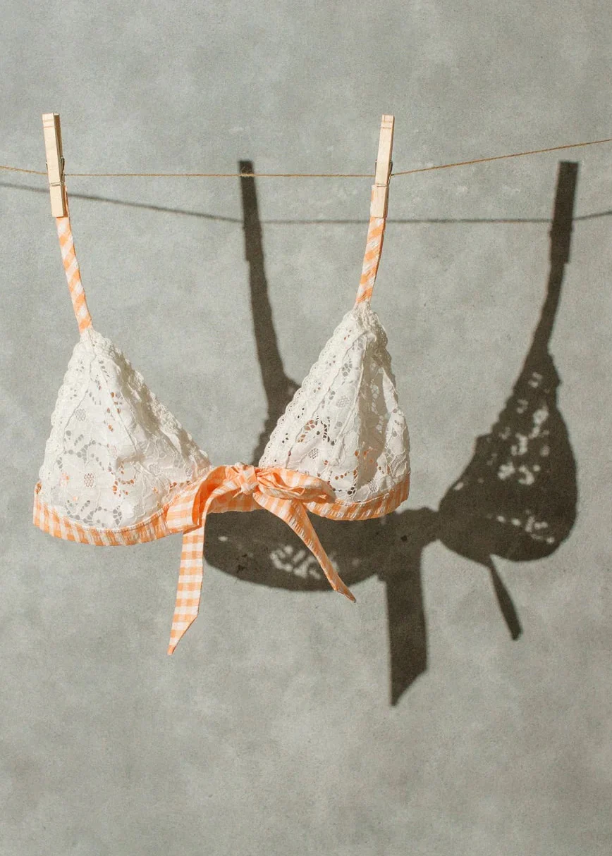 Gingham & Eyelet Lace Bow Bralette - Peach - Image 12