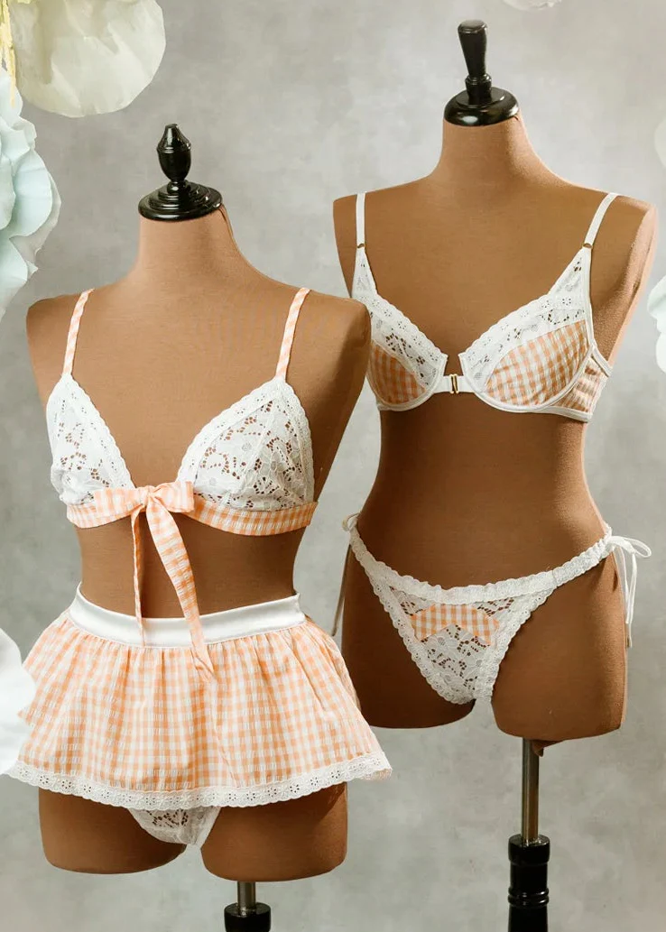 Gingham & Eyelet Lace Bow Bralette - Peach - Image 13