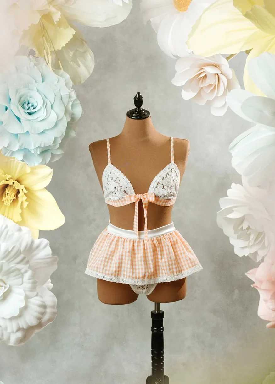 Gingham & Eyelet Lace Bow Bralette - Peach - Image 14