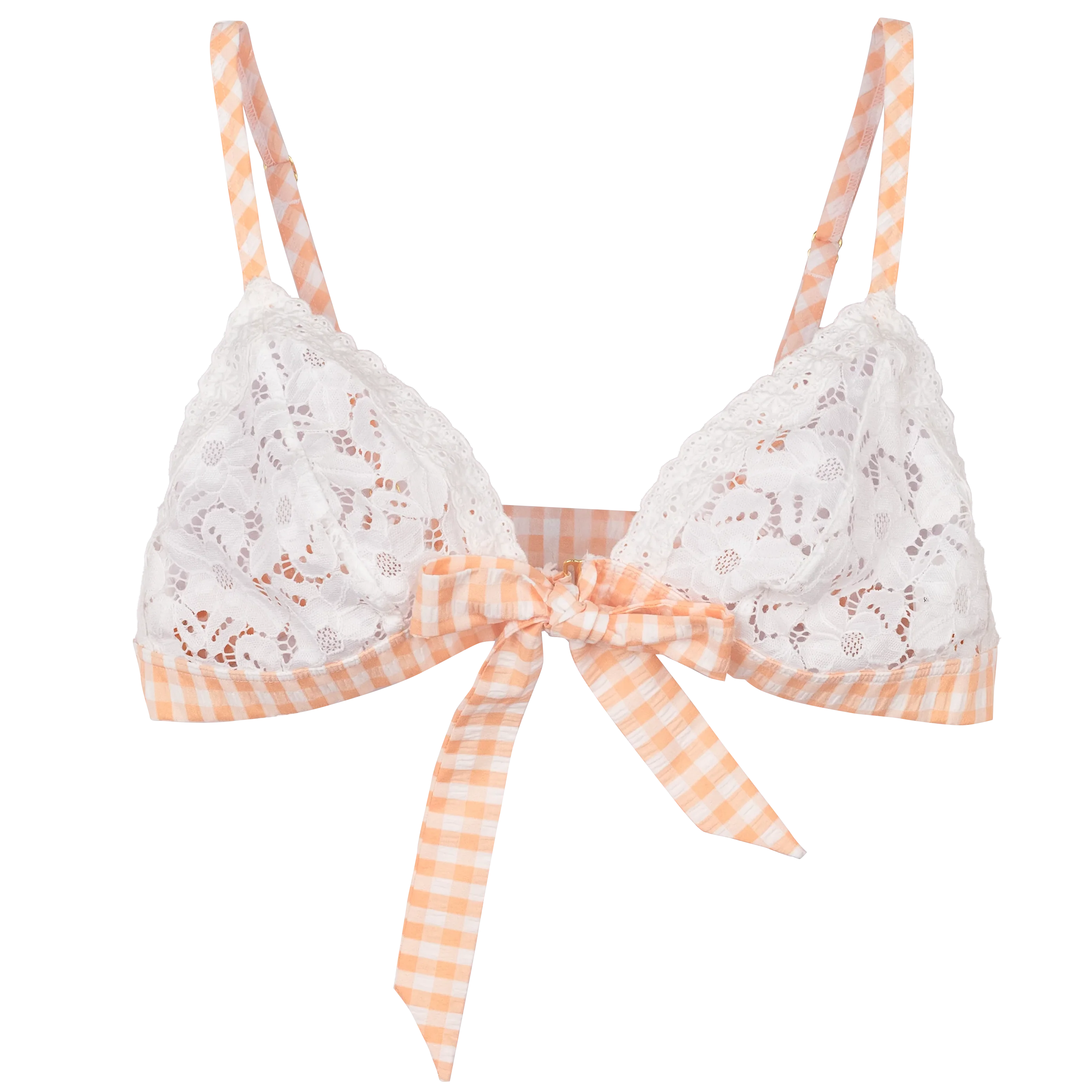 Gingham & Eyelet Lace Bow Bralette - Peach - Image 2