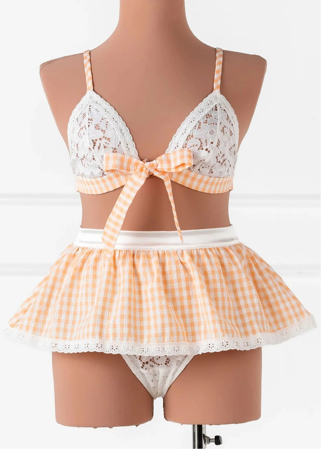 Gingham & Eyelet Lace Bow Bralette - Peach - Image 3