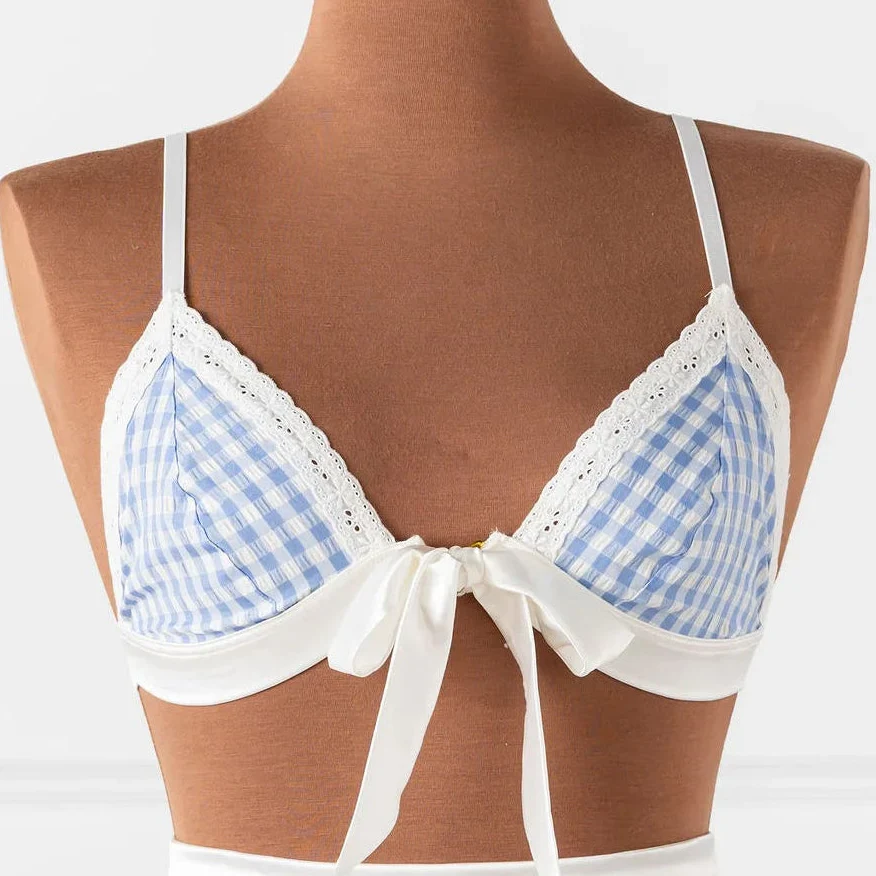 Satin & Gingham Bow Bralette - Blue
