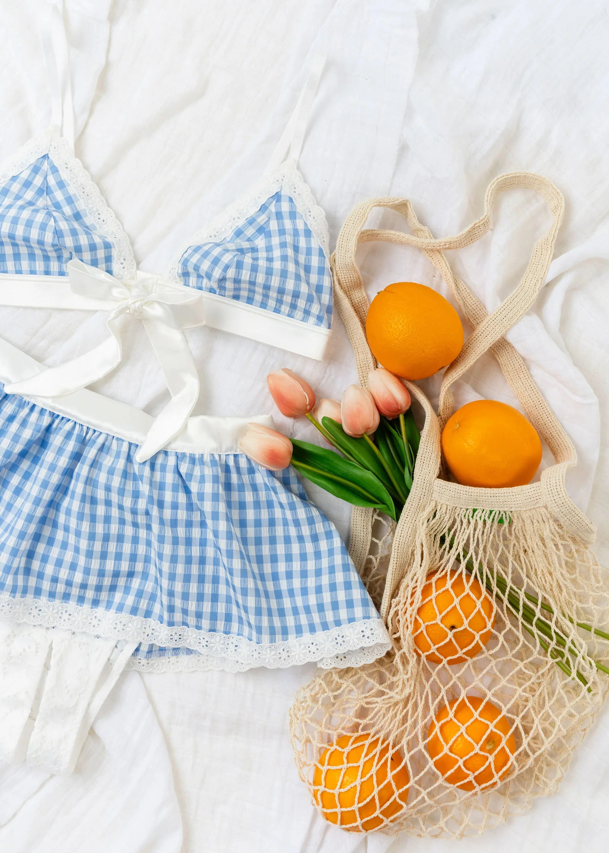 Satin & Gingham Bow Bralette - Blue - Image 12