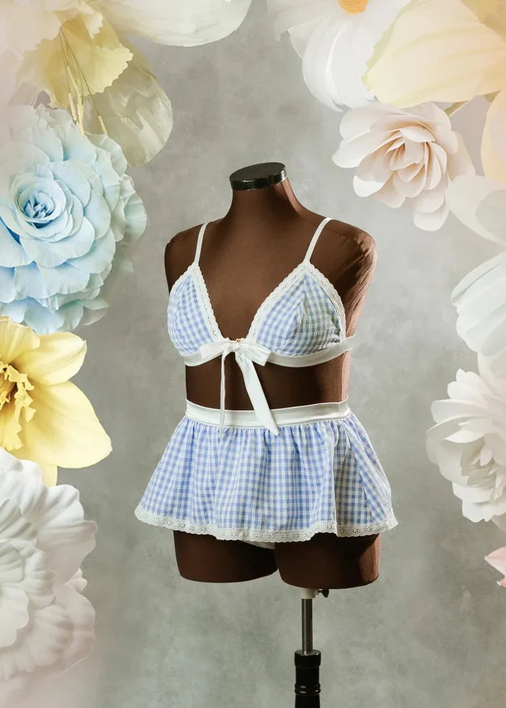 Satin & Gingham Bow Bralette - Blue - Image 13
