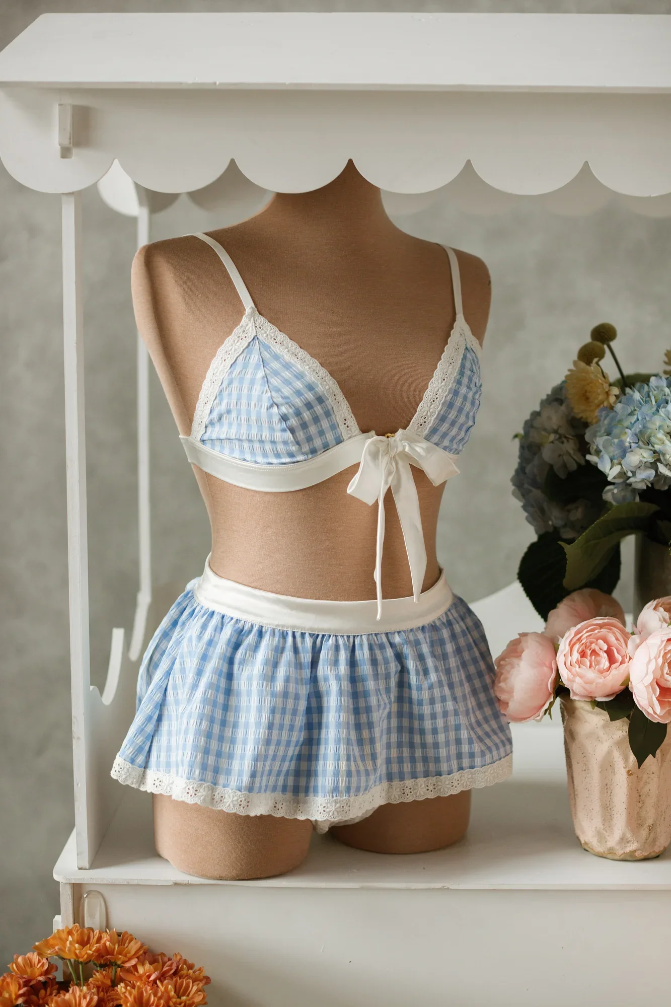 Satin & Gingham Bow Bralette - Blue - Image 15