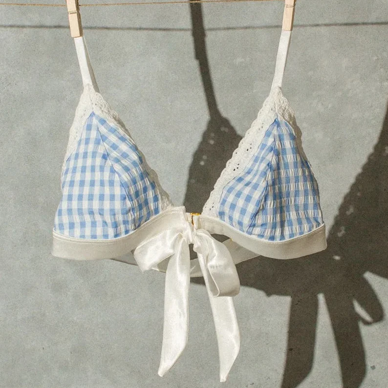 Satin & Gingham Bow Bralette - Blue - Image 3