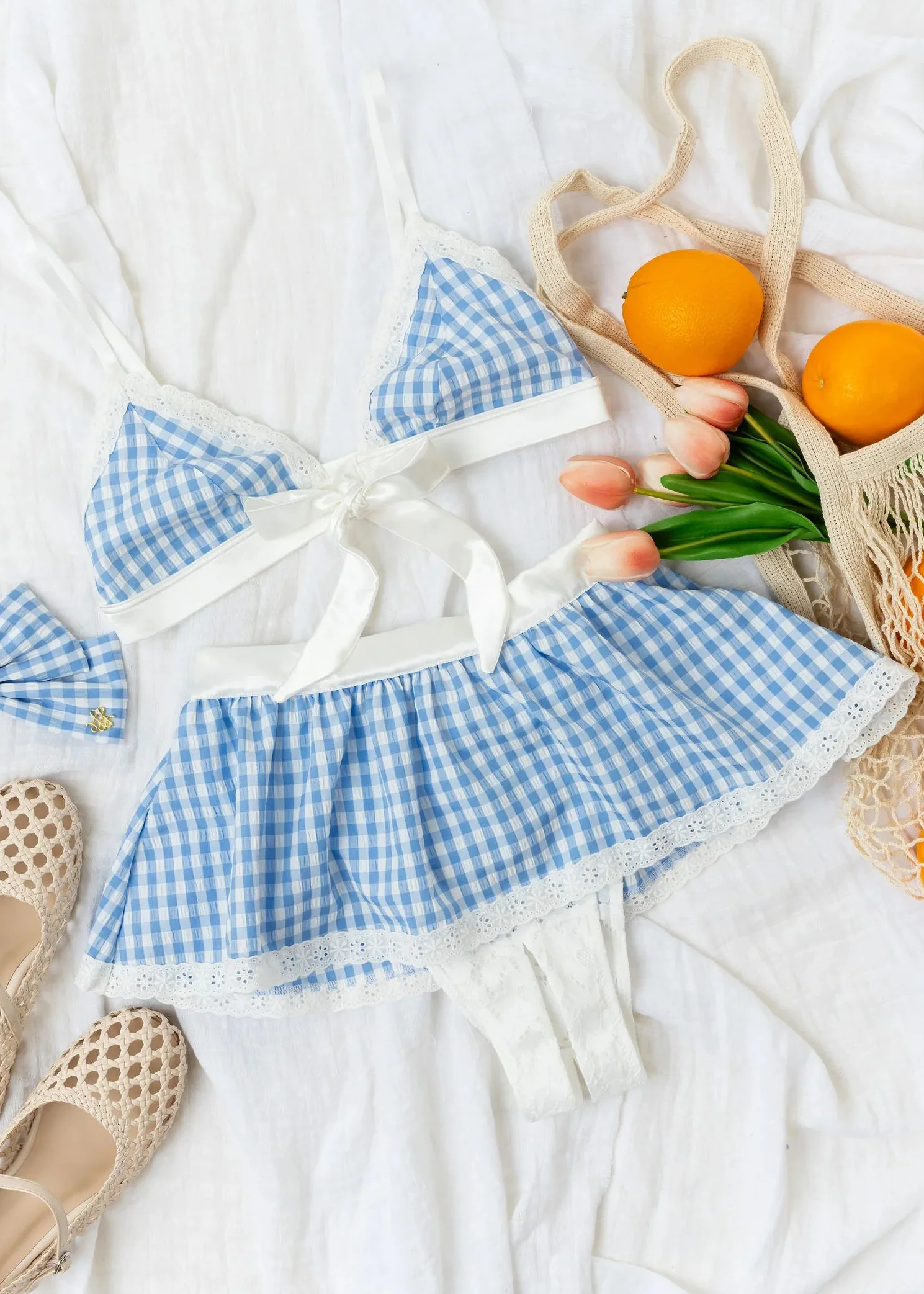 Satin & Gingham Bow Bralette - Blue - Image 9