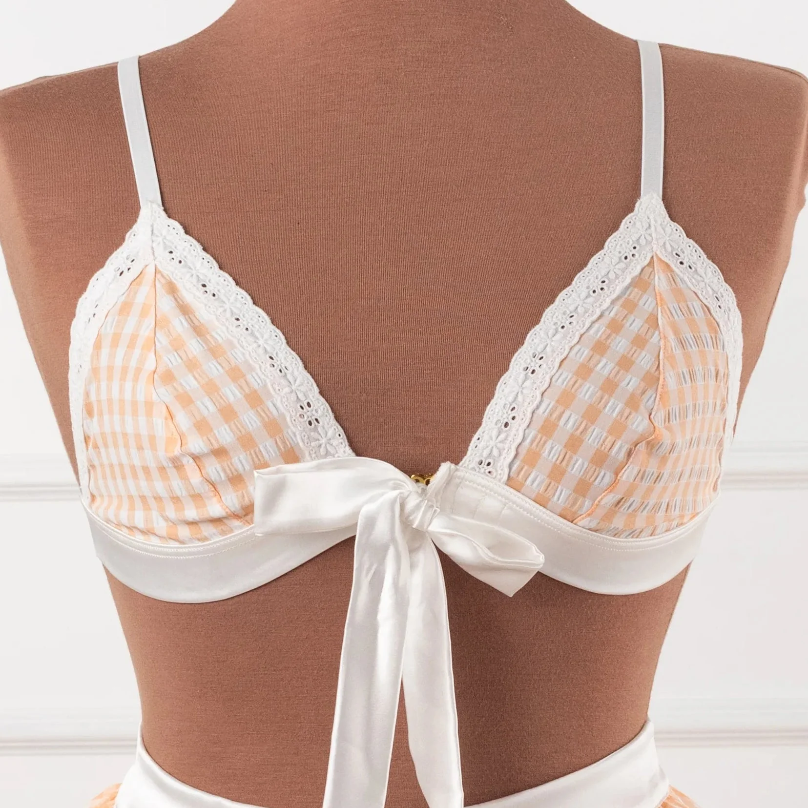 Satin & Gingham Bow Bralette - Peach