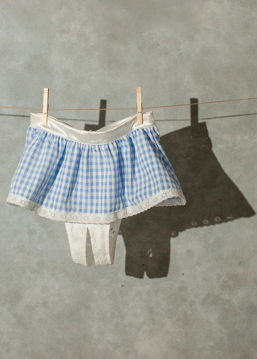 Satin & Gingham High Waist Crotchless Panty - Blue - Image 18