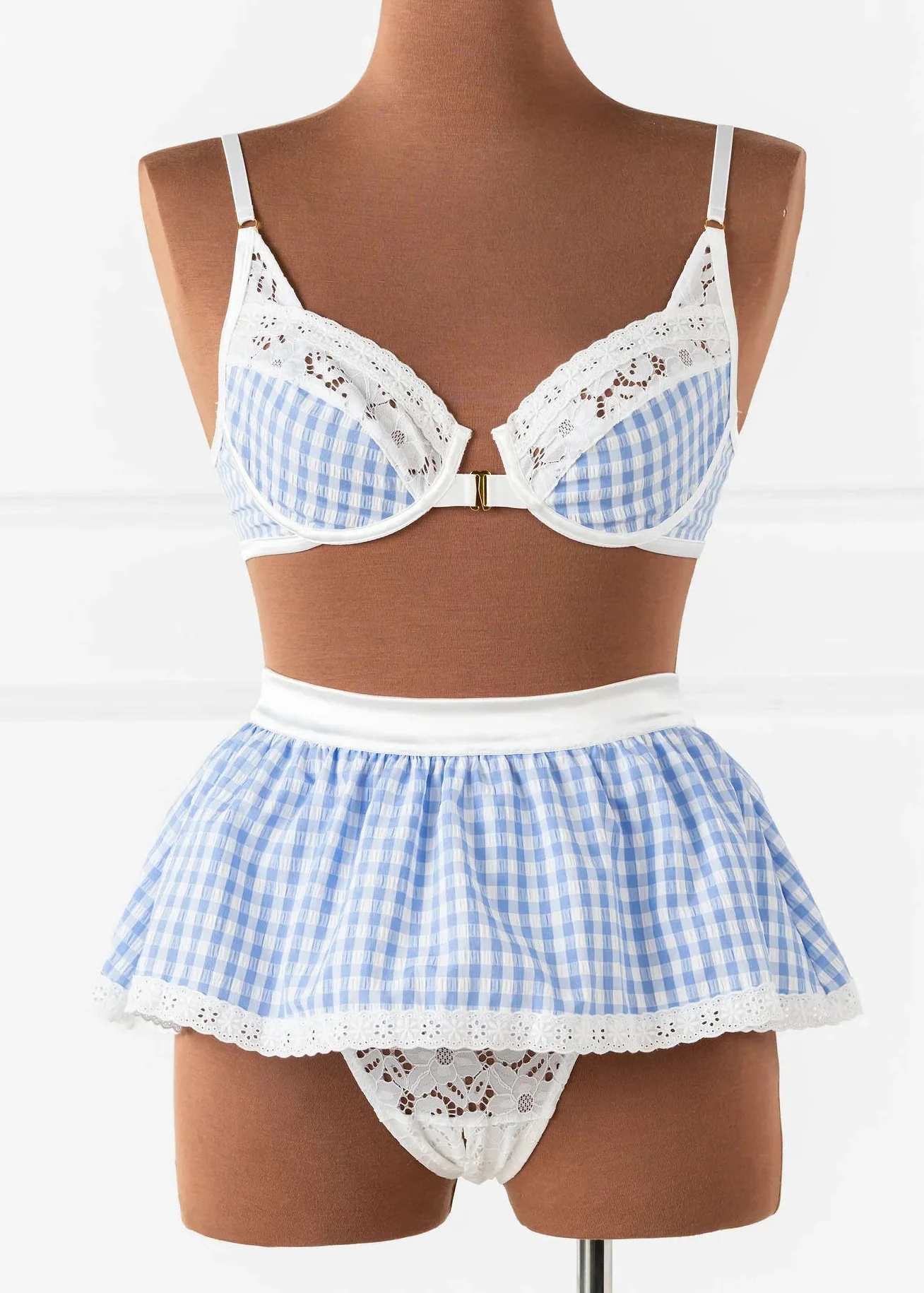 Satin & Gingham High Waist Crotchless Panty - Blue - Image 2