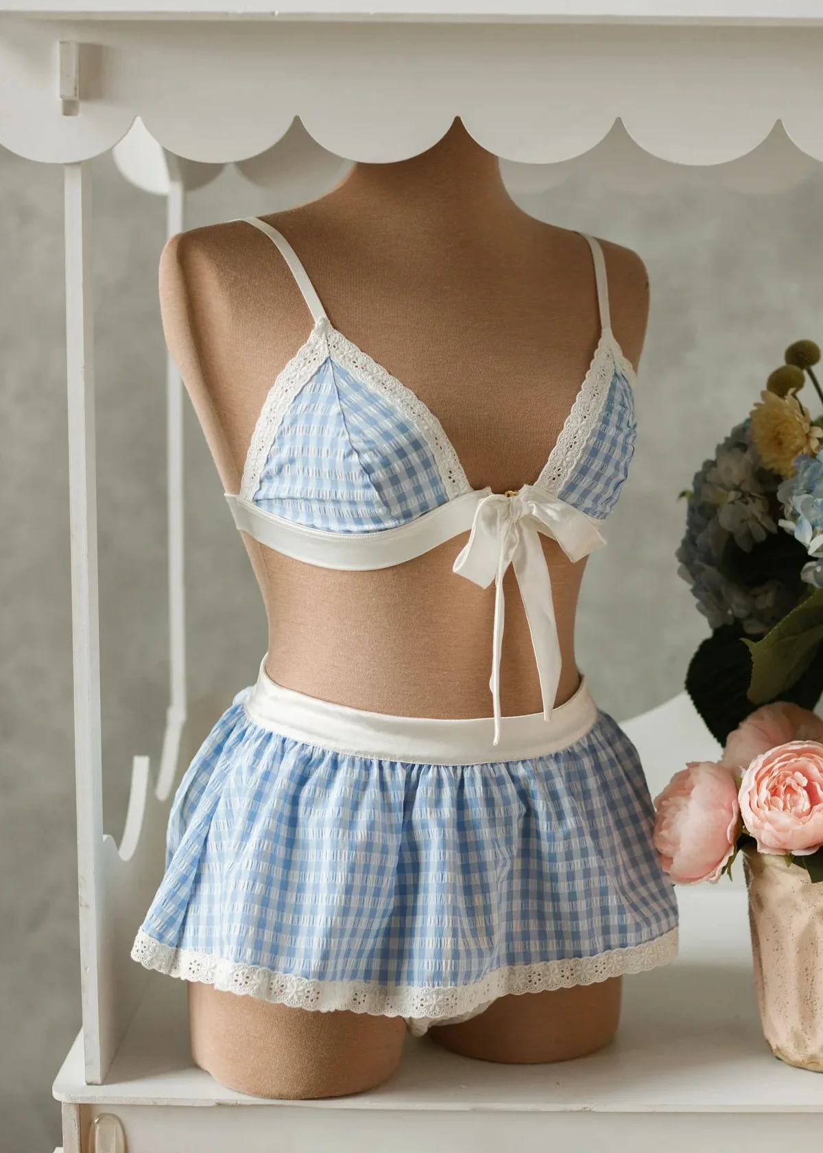 Satin & Gingham High Waist Crotchless Panty - Blue - Image 20