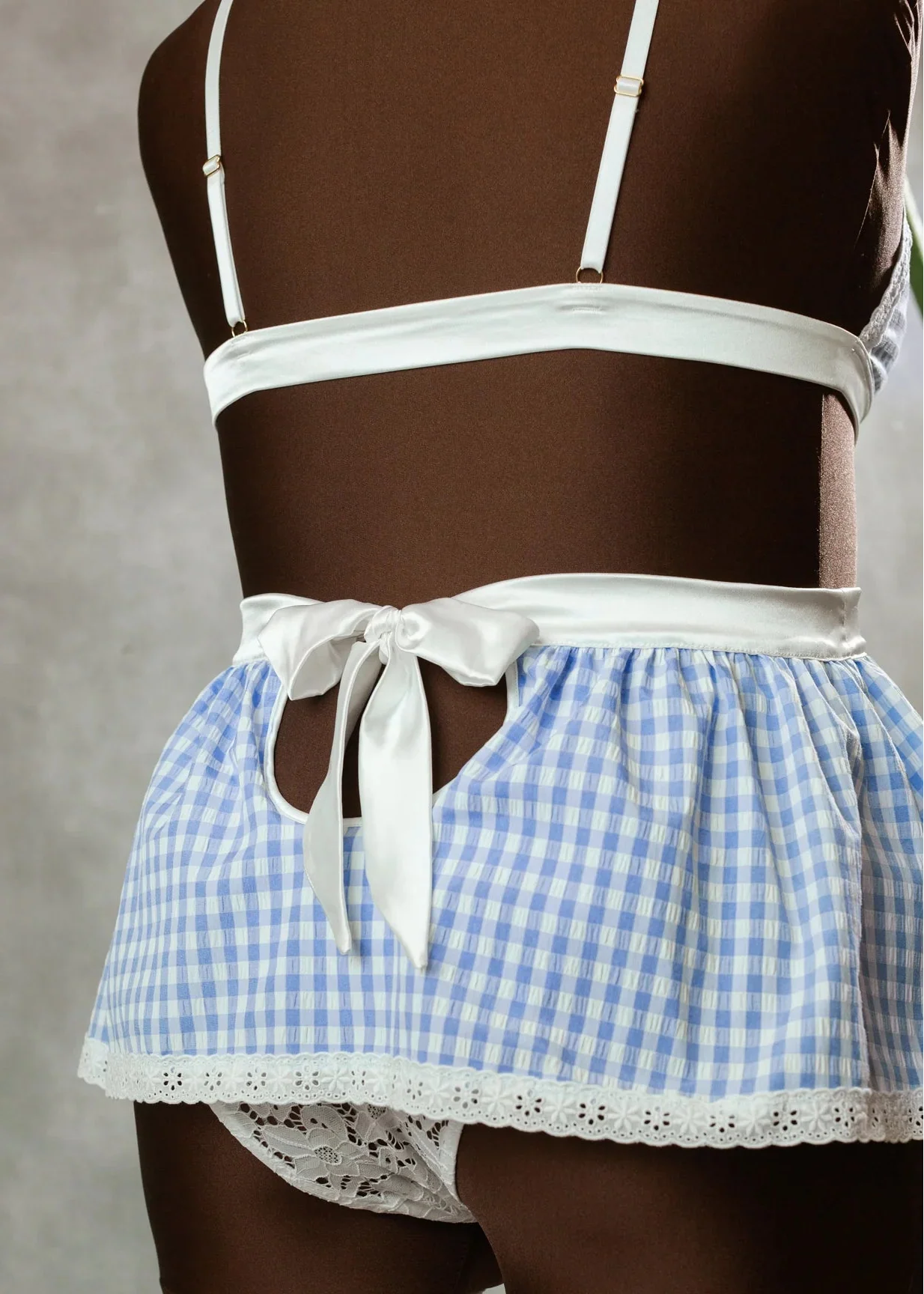 Satin & Gingham High Waist Crotchless Panty - Blue - Image 21