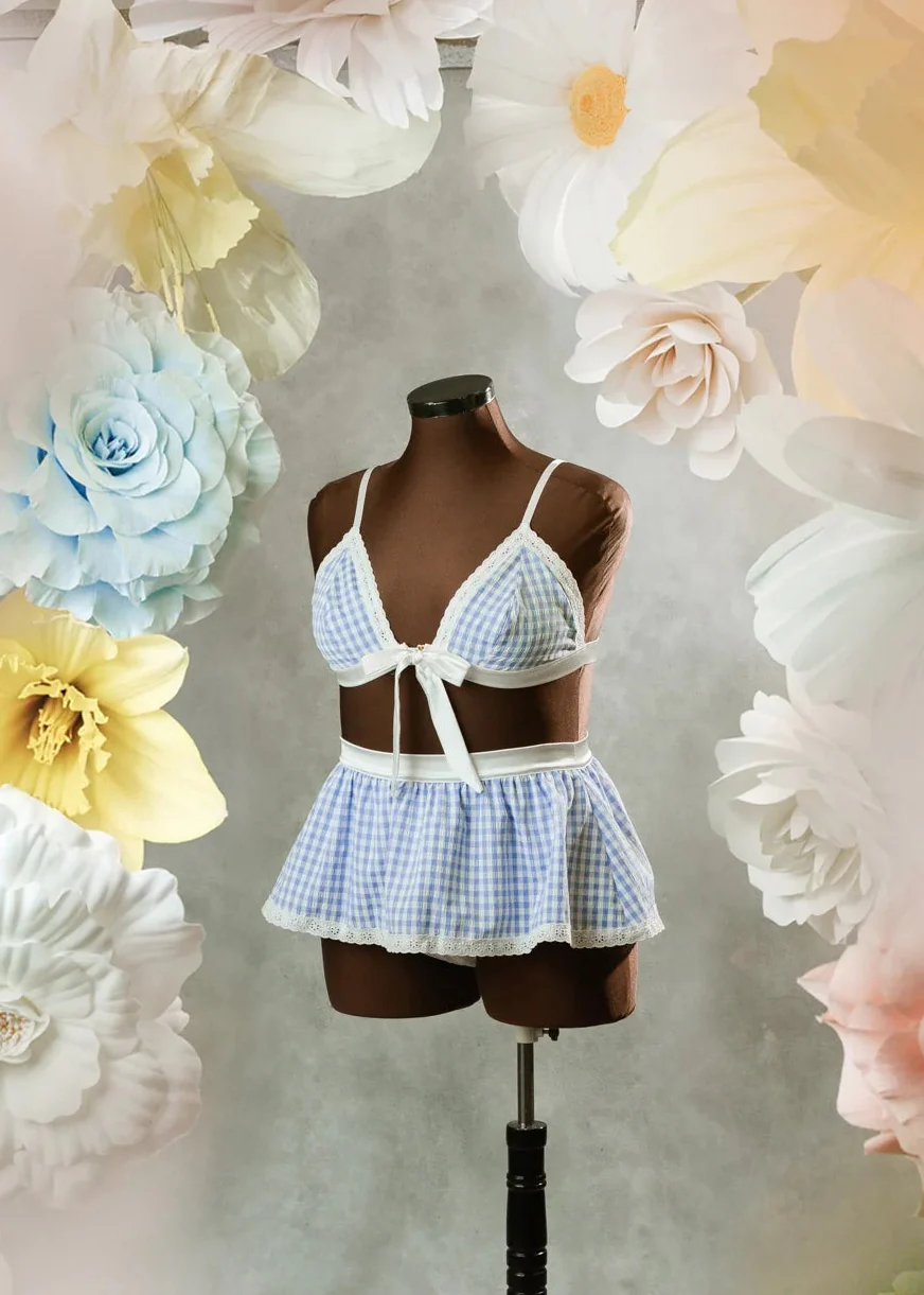 Satin & Gingham High Waist Crotchless Panty - Blue - Image 22