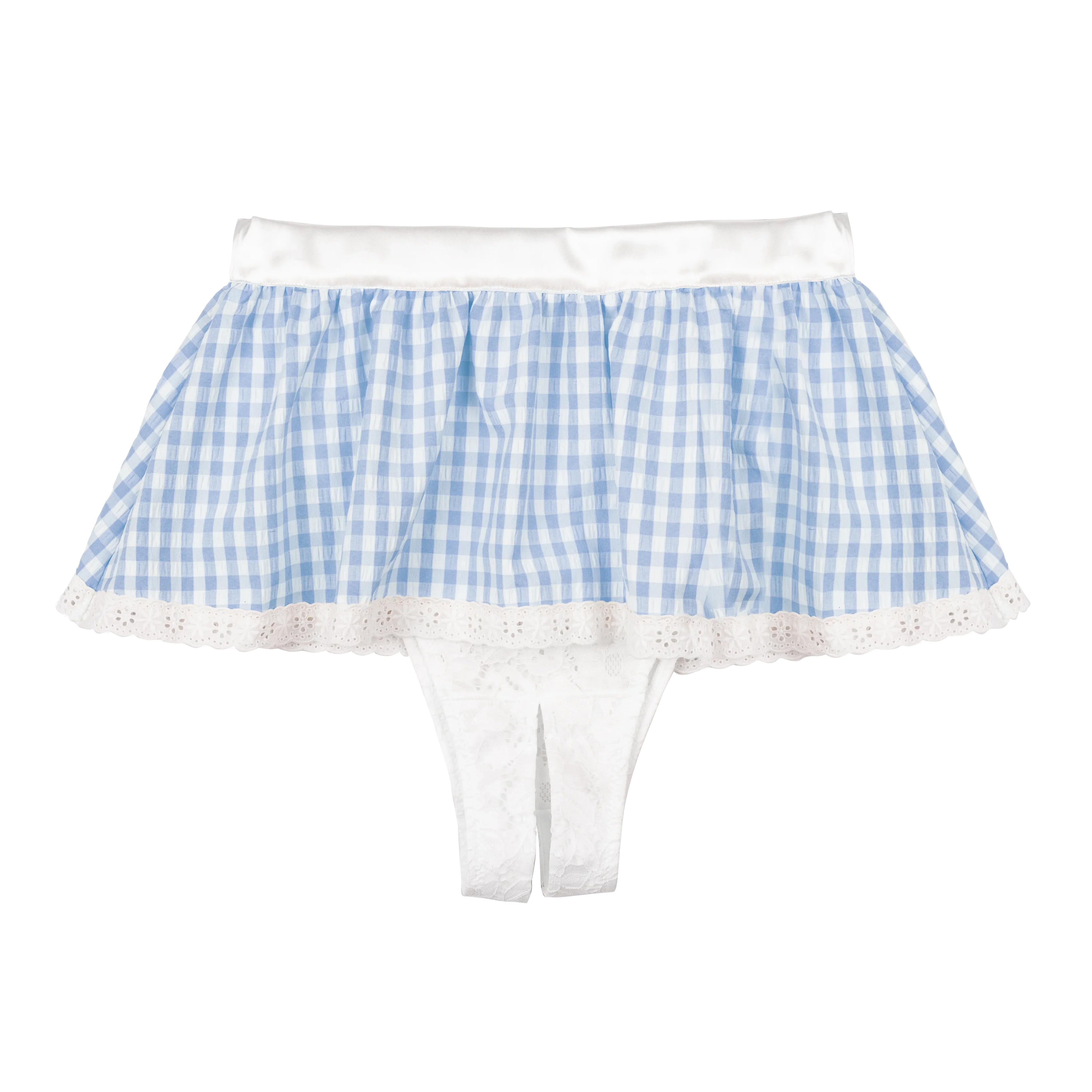 Satin & Gingham High Waist Crotchless Panty - Blue - Image 23