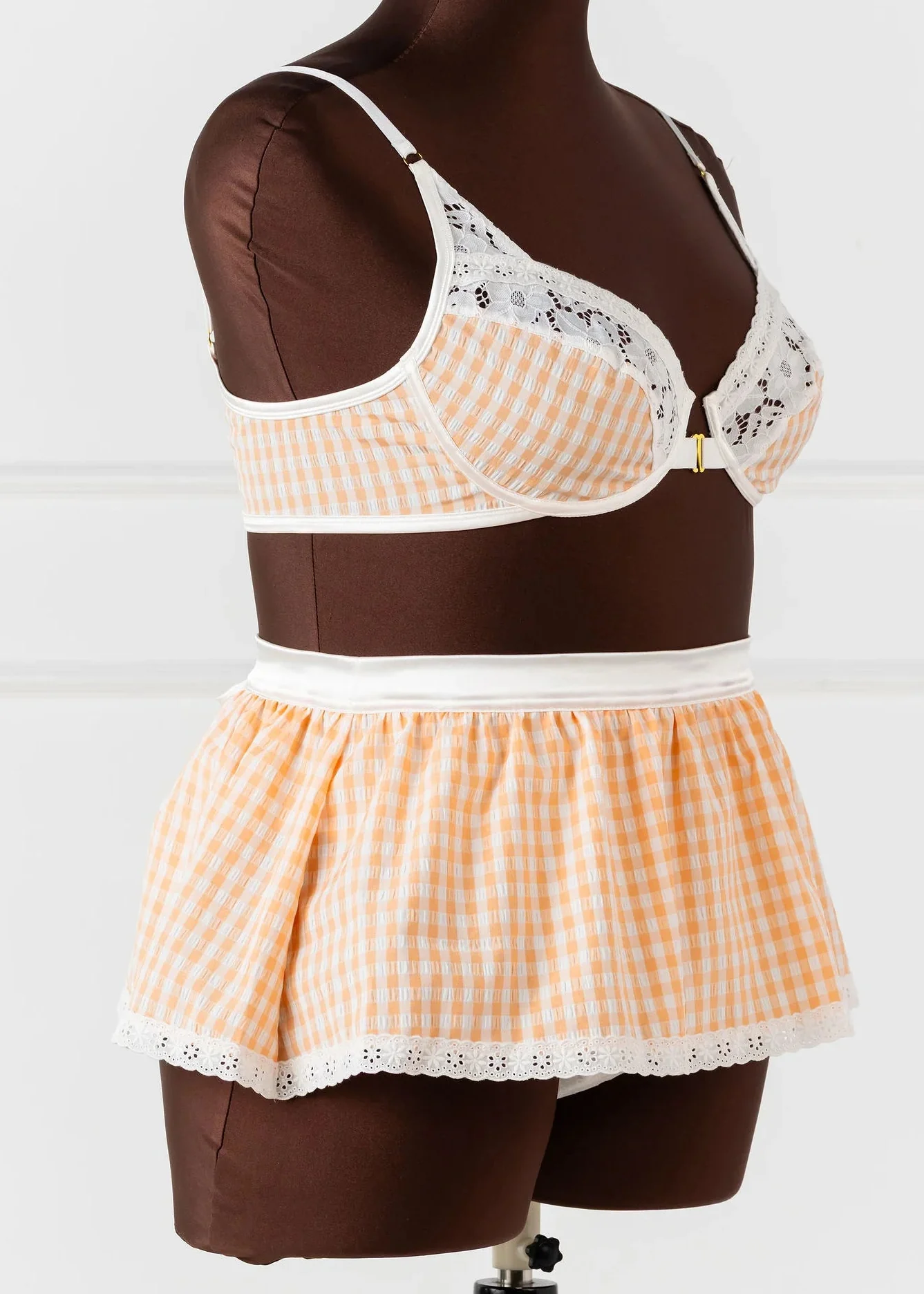 Satin & Gingham High Waist Crotchless Panty - Peach - Image 10