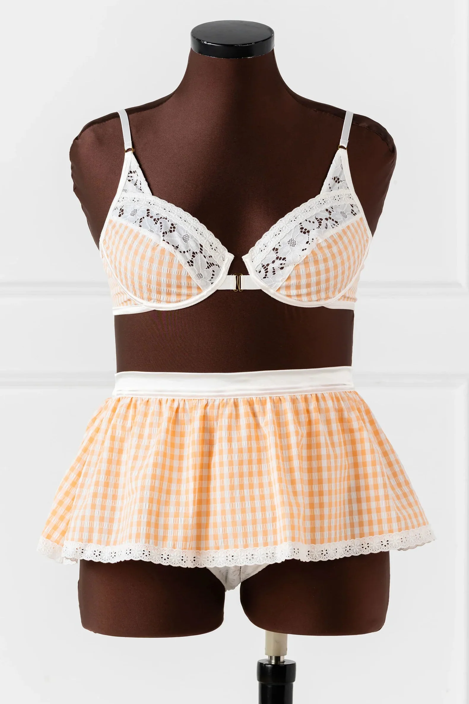 Satin & Gingham High Waist Crotchless Panty - Peach - Image 11