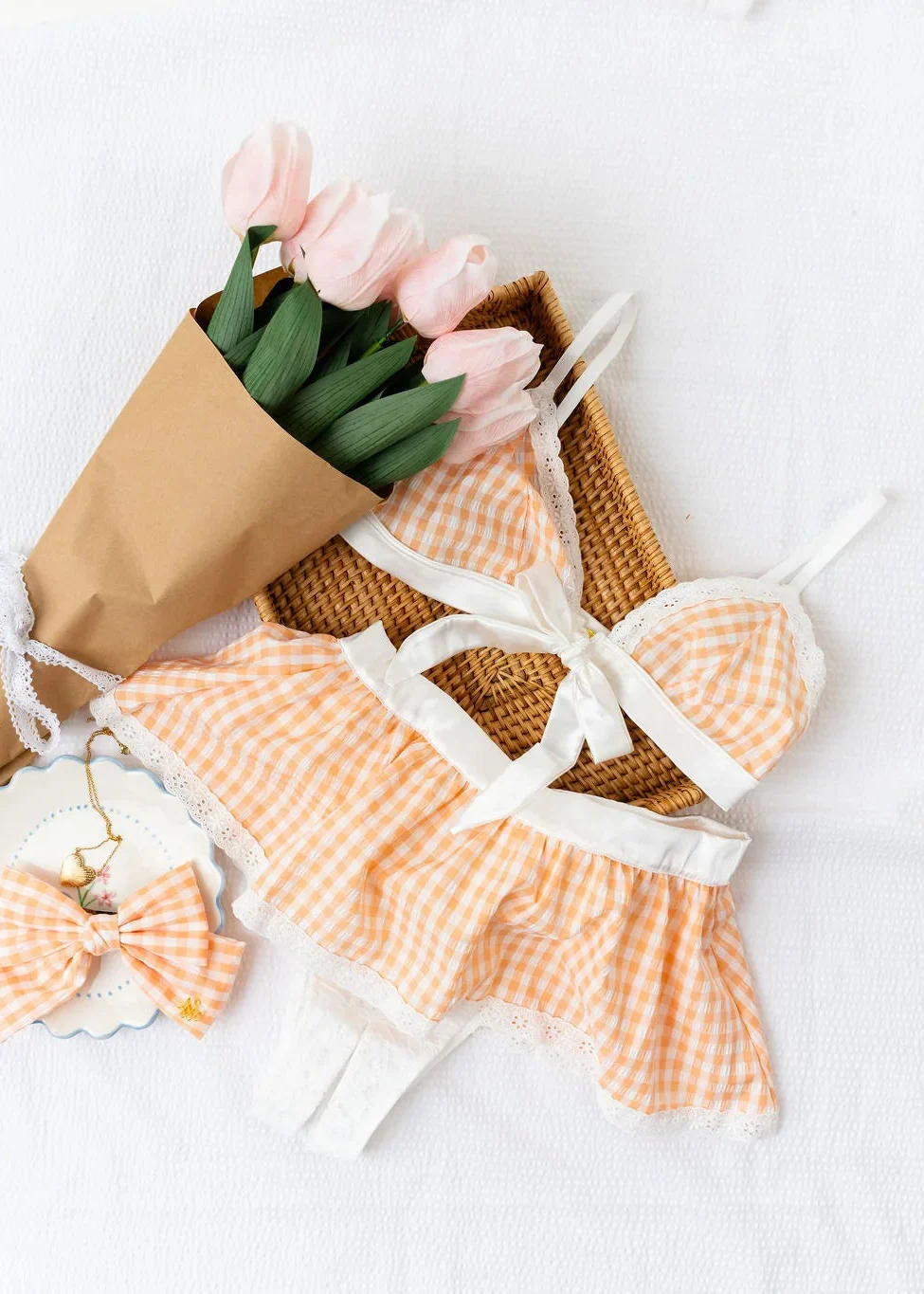 Satin & Gingham High Waist Crotchless Panty - Peach - Image 13