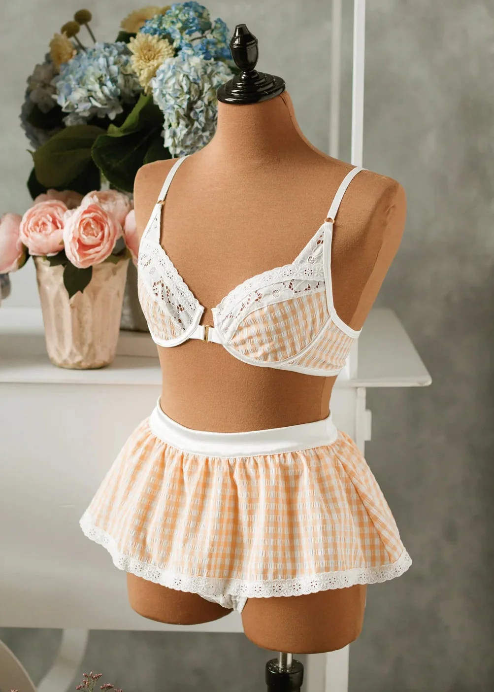 Satin & Gingham High Waist Crotchless Panty - Peach - Image 18