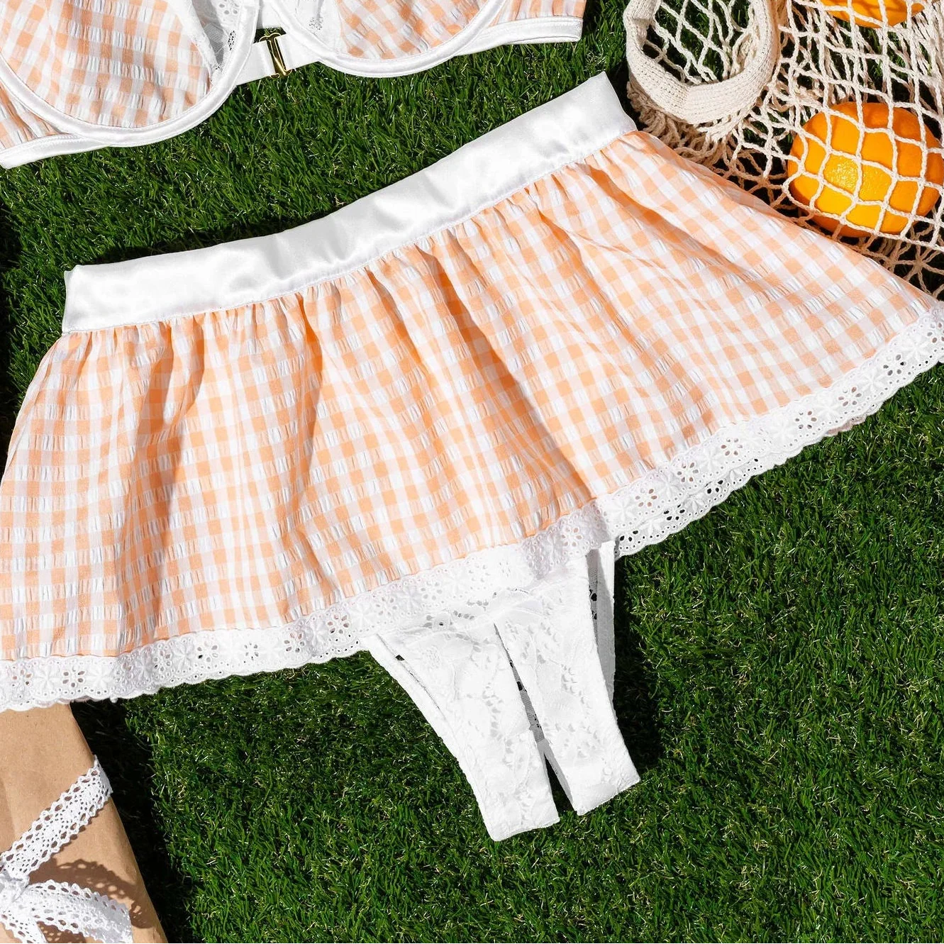 Satin & Gingham High Waist Crotchless Panty - Peach - Image 3