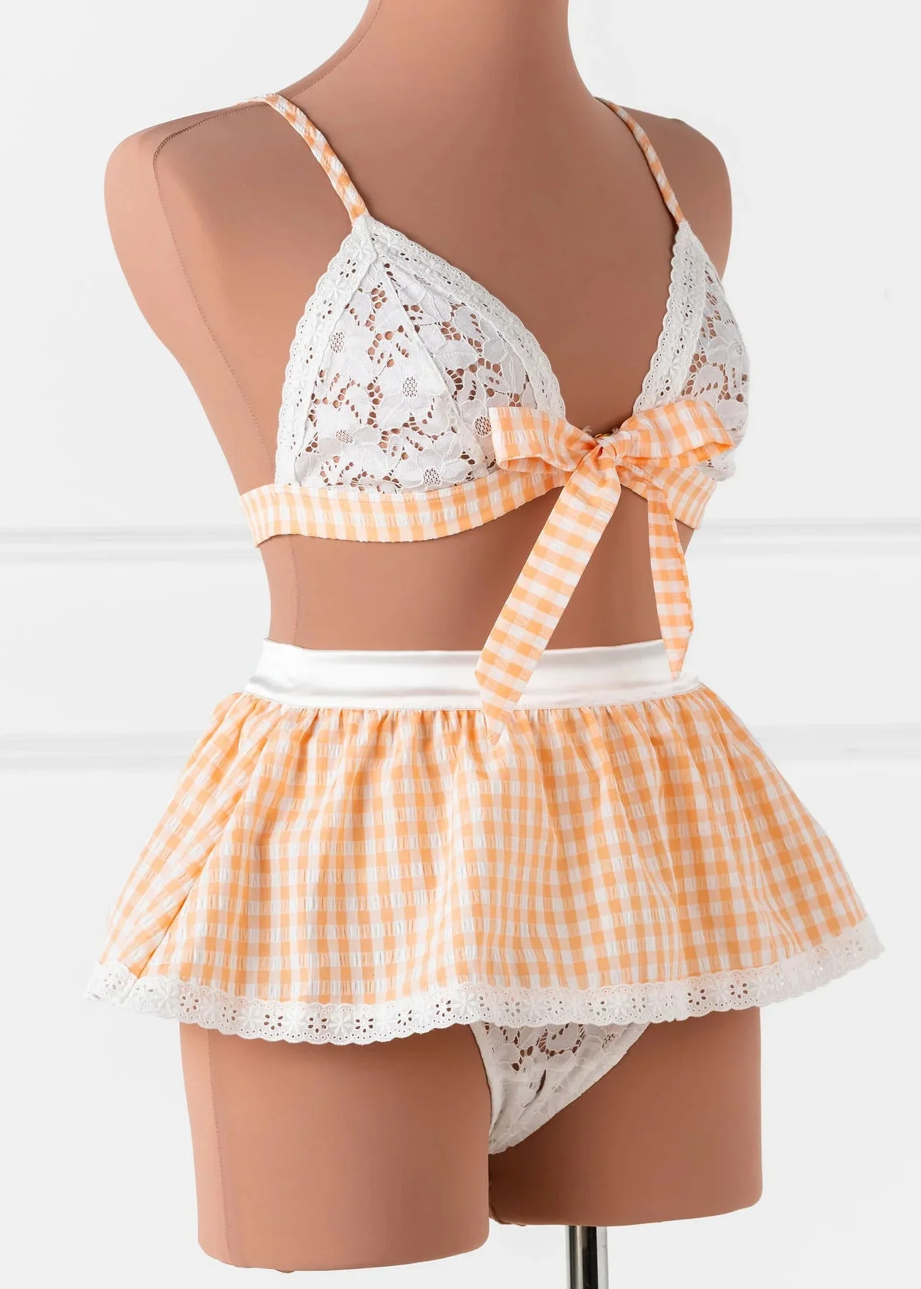 Satin & Gingham High Waist Crotchless Panty - Peach - Image 5