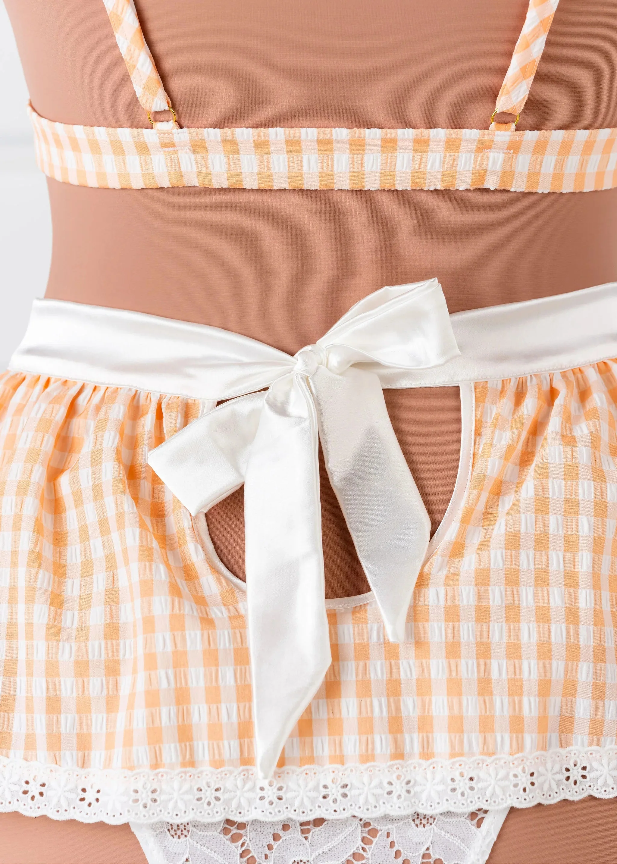 Satin & Gingham High Waist Crotchless Panty - Peach - Image 7