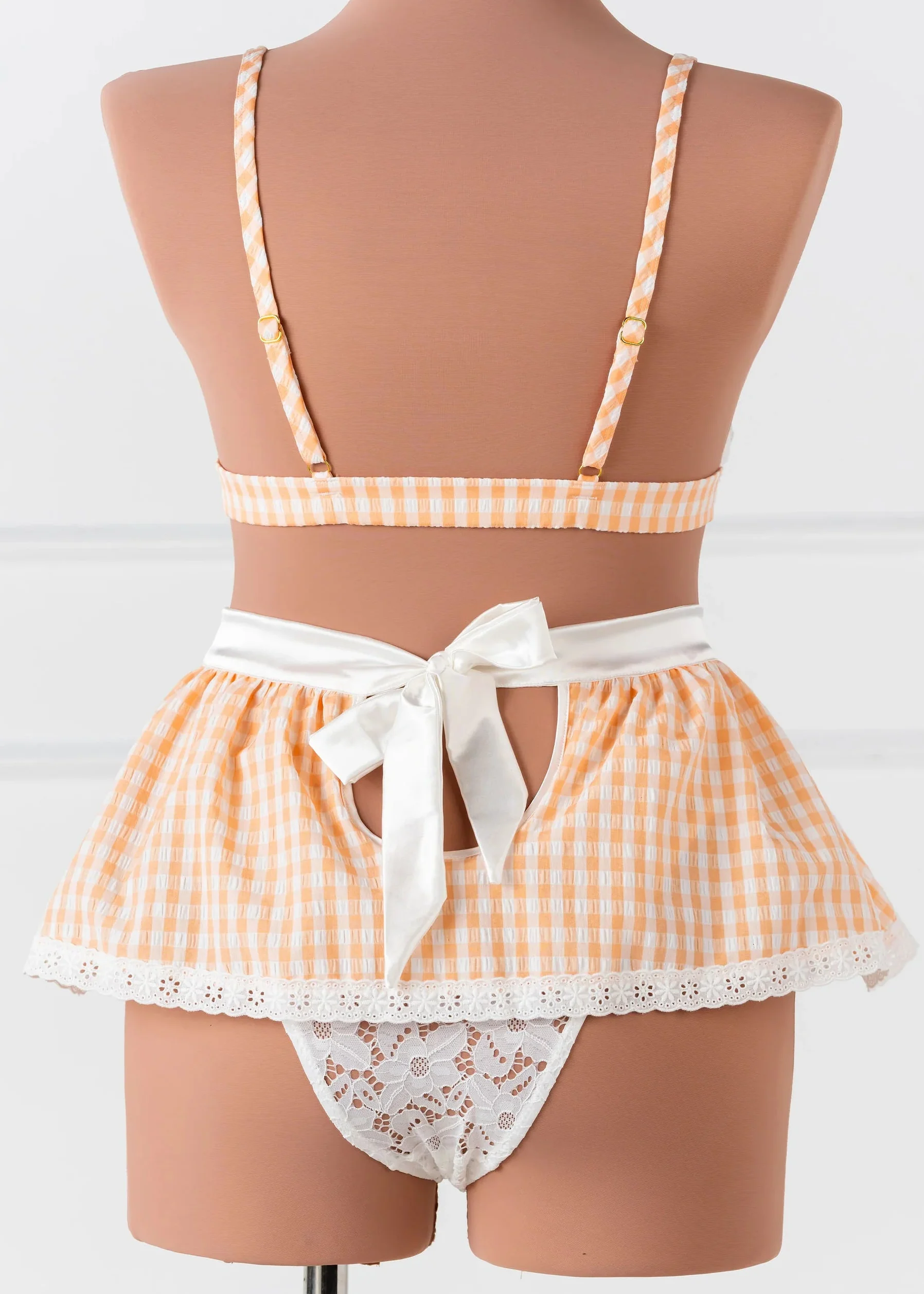 Satin & Gingham High Waist Crotchless Panty - Peach - Image 9