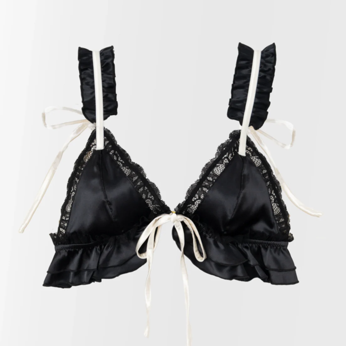 Satin Ruffle Bralette - Black - Image 2