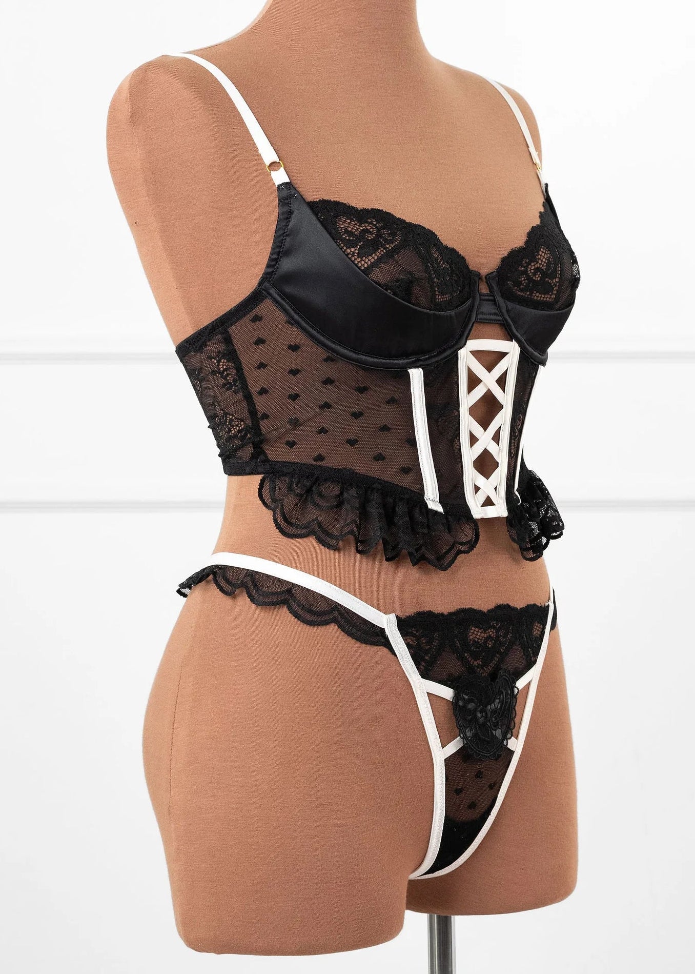 Satin & Scalloped Lace Underwire Bustier - Black - Image 6