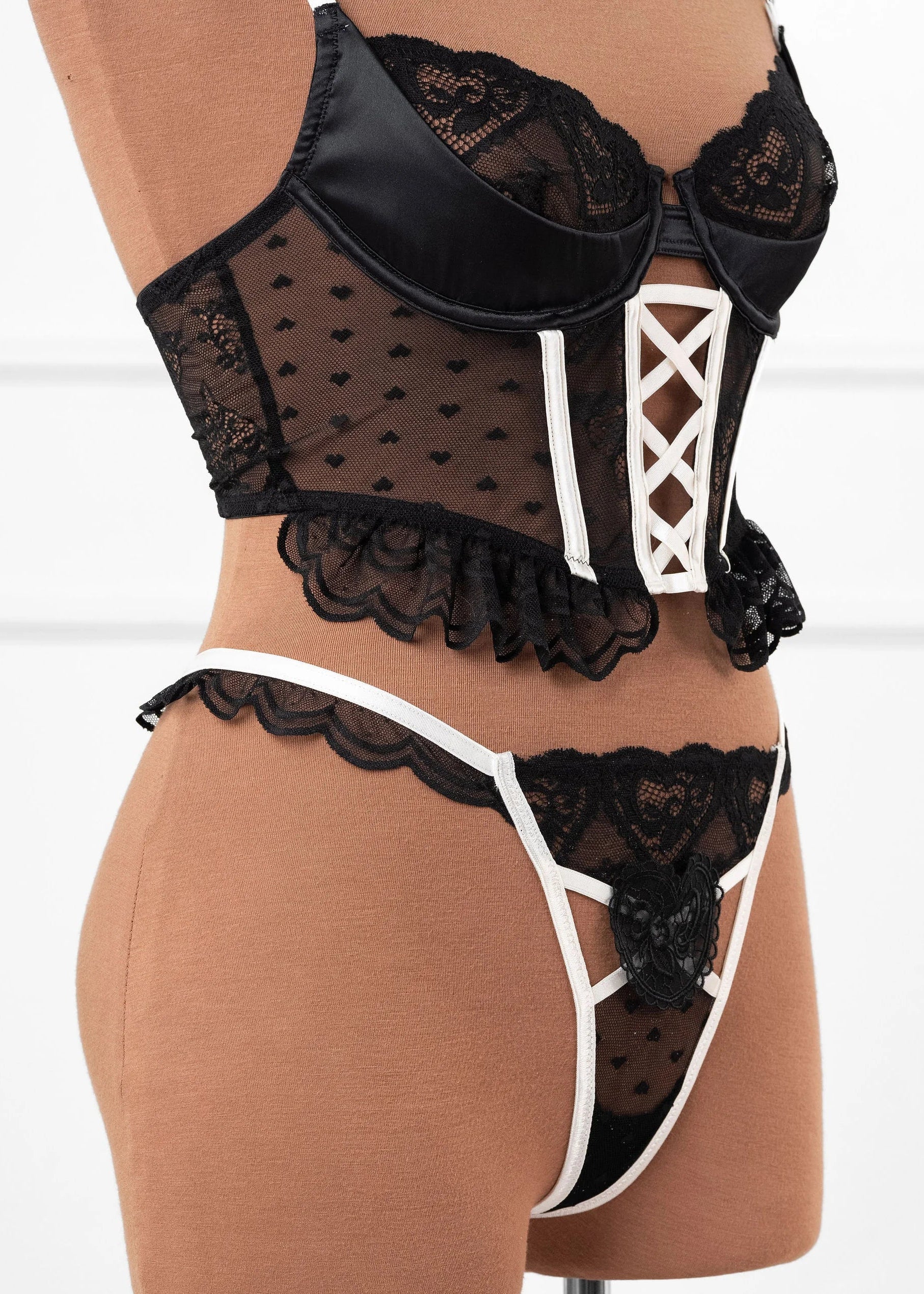 Satin & Scalloped Lace Underwire Bustier - Black - Image 9